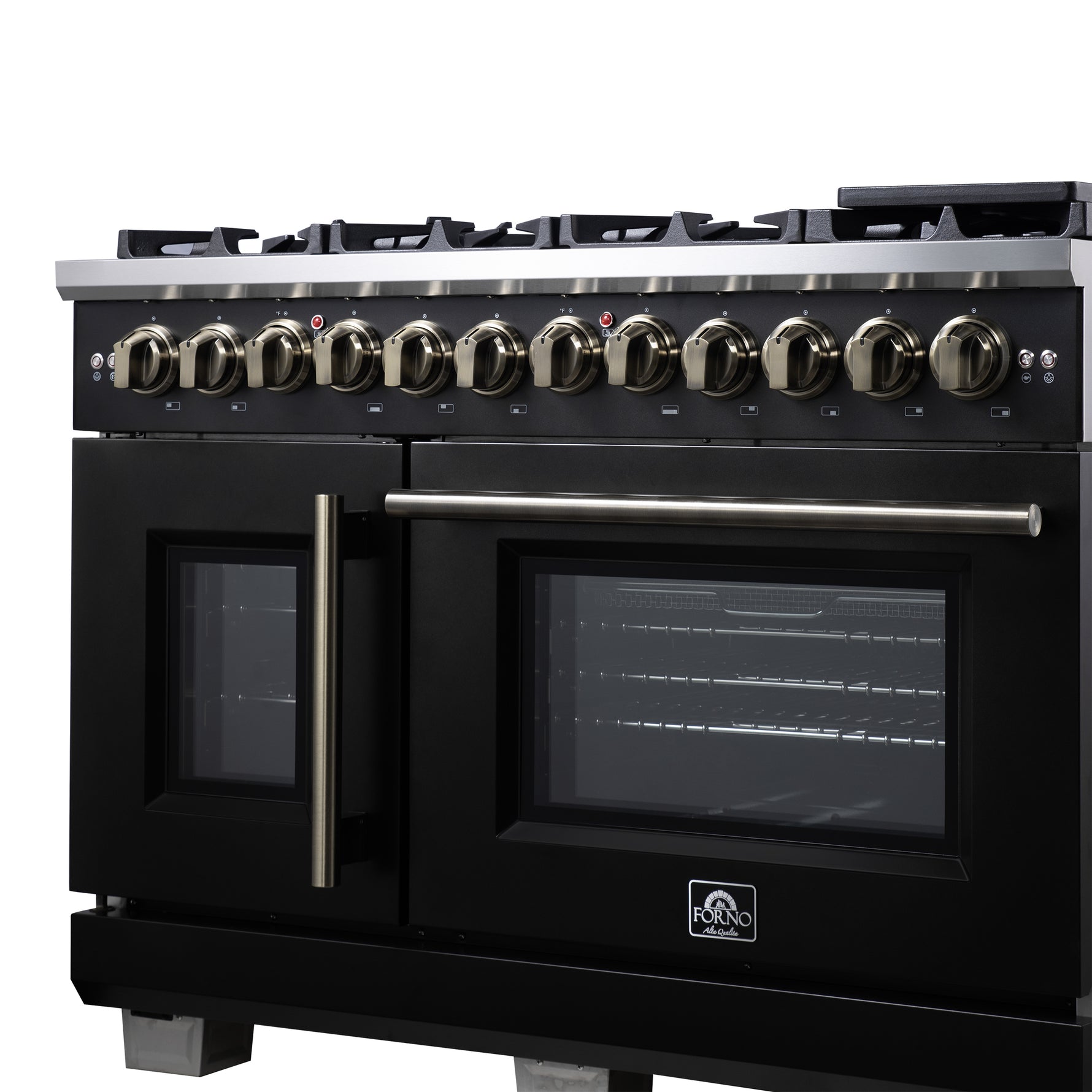 Forno Capriasca 48 Inch Freestanding French Door Dual Fuel Range in Black with Antique Brass Accessories, 8 Burners, True Convection Oven - BonPrix Électroménagers