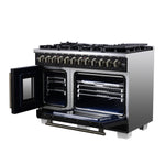Forno Capriasca 48 Inch Freestanding French Door Dual Fuel Range in Black with Antique Brass Accessories, 8 Burners, True Convection Oven - BonPrix Électroménagers