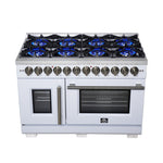 Forno Capriasca 48 Inch Freestanding French Door Dual Fuel Range in White with Antique Brass Accessories, 8 Burners, True Convection Oven - BonPrix Électroménagers