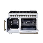 Forno Capriasca 48 Inch Freestanding French Door Dual Fuel Range in White with Antique Brass Accessories, 8 Burners, True Convection Oven - BonPrix Électroménagers