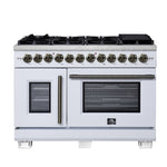 Forno Capriasca 48 Inch Freestanding French Door Dual Fuel Range in White with Antique Brass Accessories, 8 Burners, True Convection Oven - BonPrix Électroménagers