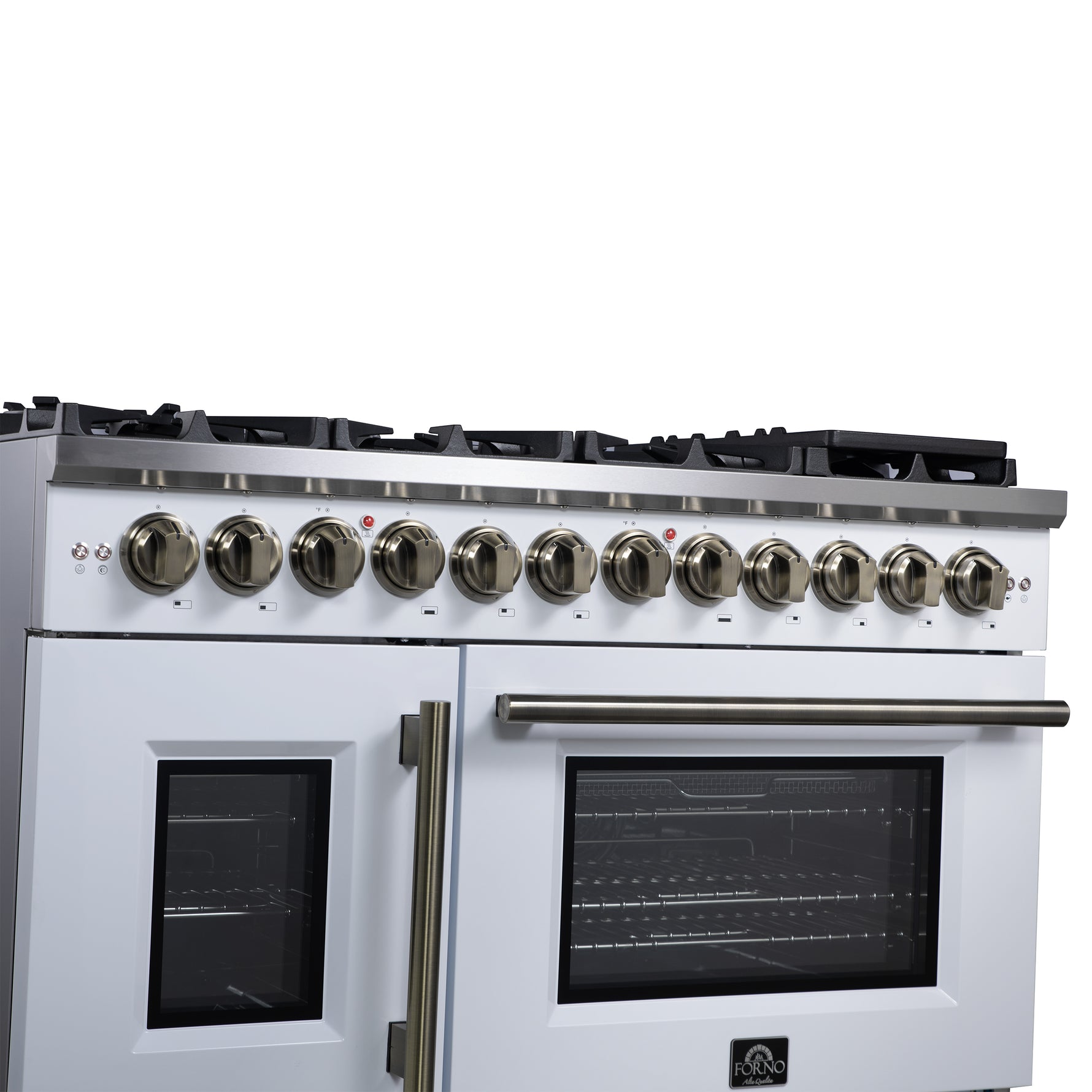 Forno Capriasca 48 Inch Freestanding French Door Dual Fuel Range in White with Antique Brass Accessories, 8 Burners, True Convection Oven - BonPrix Électroménagers