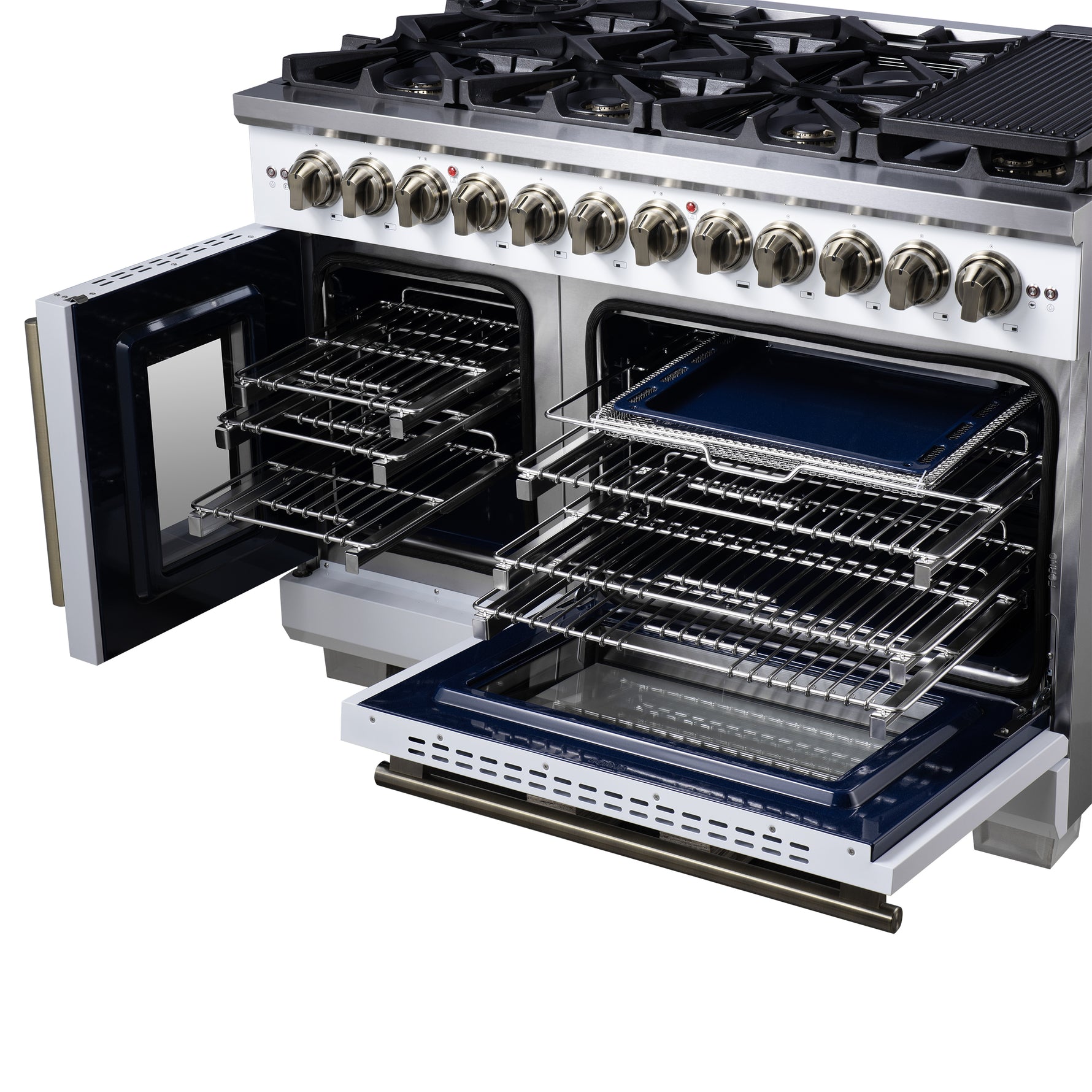 Forno Capriasca 48 Inch Freestanding French Door Dual Fuel Range in White with Antique Brass Accessories, 8 Burners, True Convection Oven - BonPrix Électroménagers
