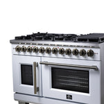Forno Capriasca 48 Inch Freestanding French Door Dual Fuel Range in White with Antique Brass Accessories, 8 Burners, True Convection Oven - BonPrix Électroménagers