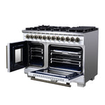 Forno Capriasca 48 Inch Freestanding French Door Dual Fuel Range in White with Antique Brass Accessories, 8 Burners, True Convection Oven - BonPrix Électroménagers