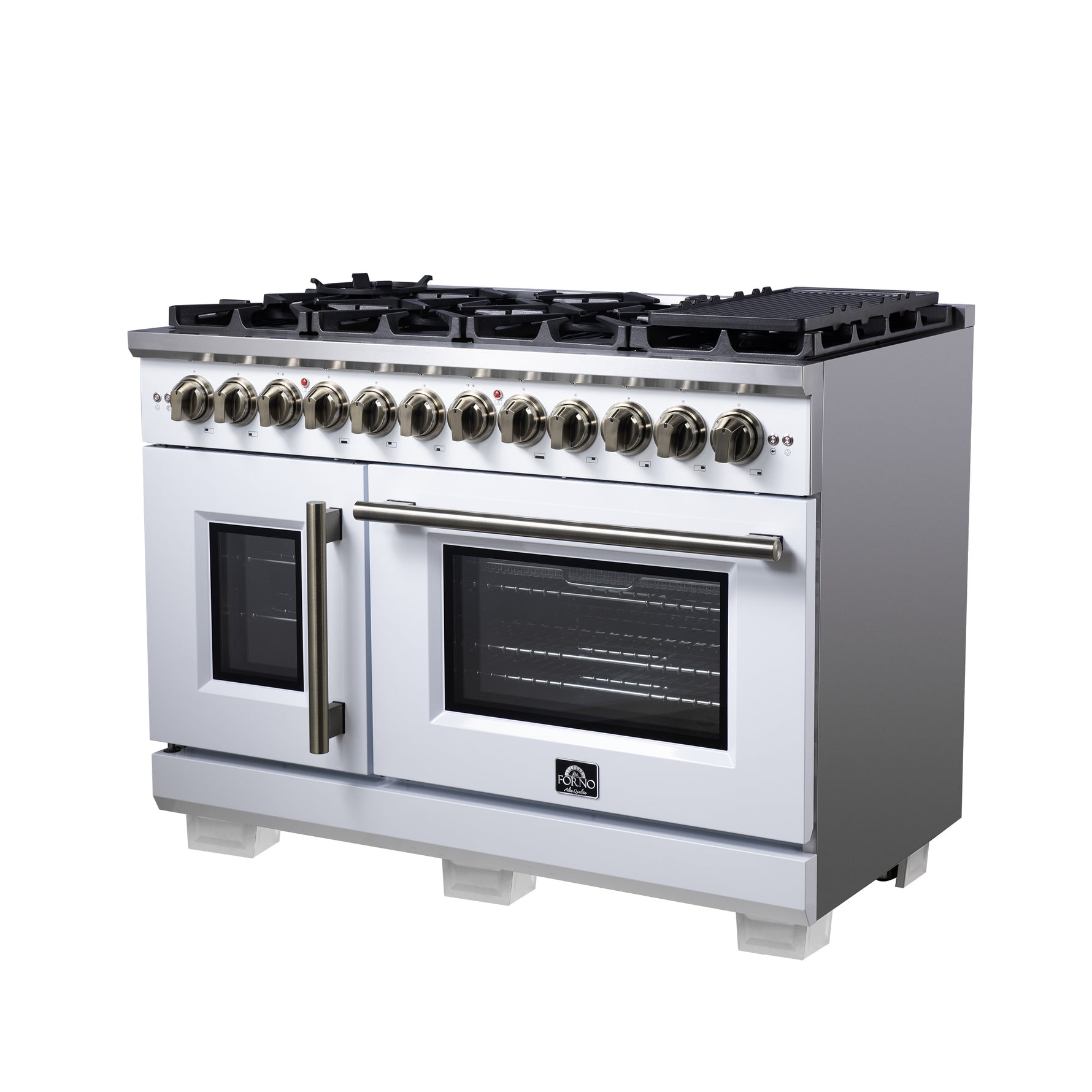 Forno Capriasca 48 Inch Freestanding French Door Dual Fuel Range in White with Antique Brass Accessories, 8 Burners, True Convection Oven - BonPrix Électroménagers
