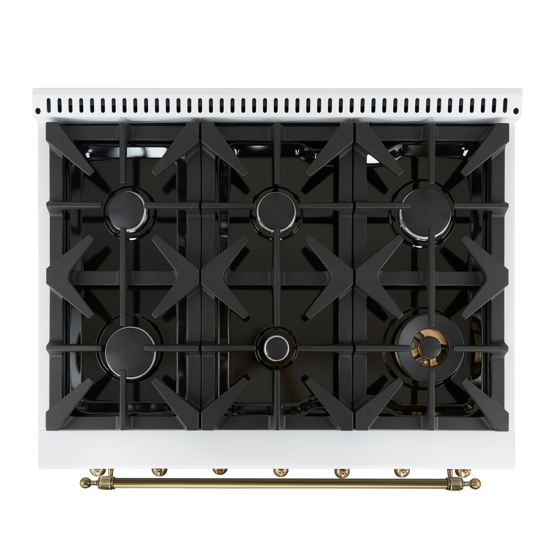 Forno Antico 36-inch Dual Fuel Range White and Antique Brass Design with 6 Sealed Gas Burners and Electric Convection Oven - BonPrix Électroménagers