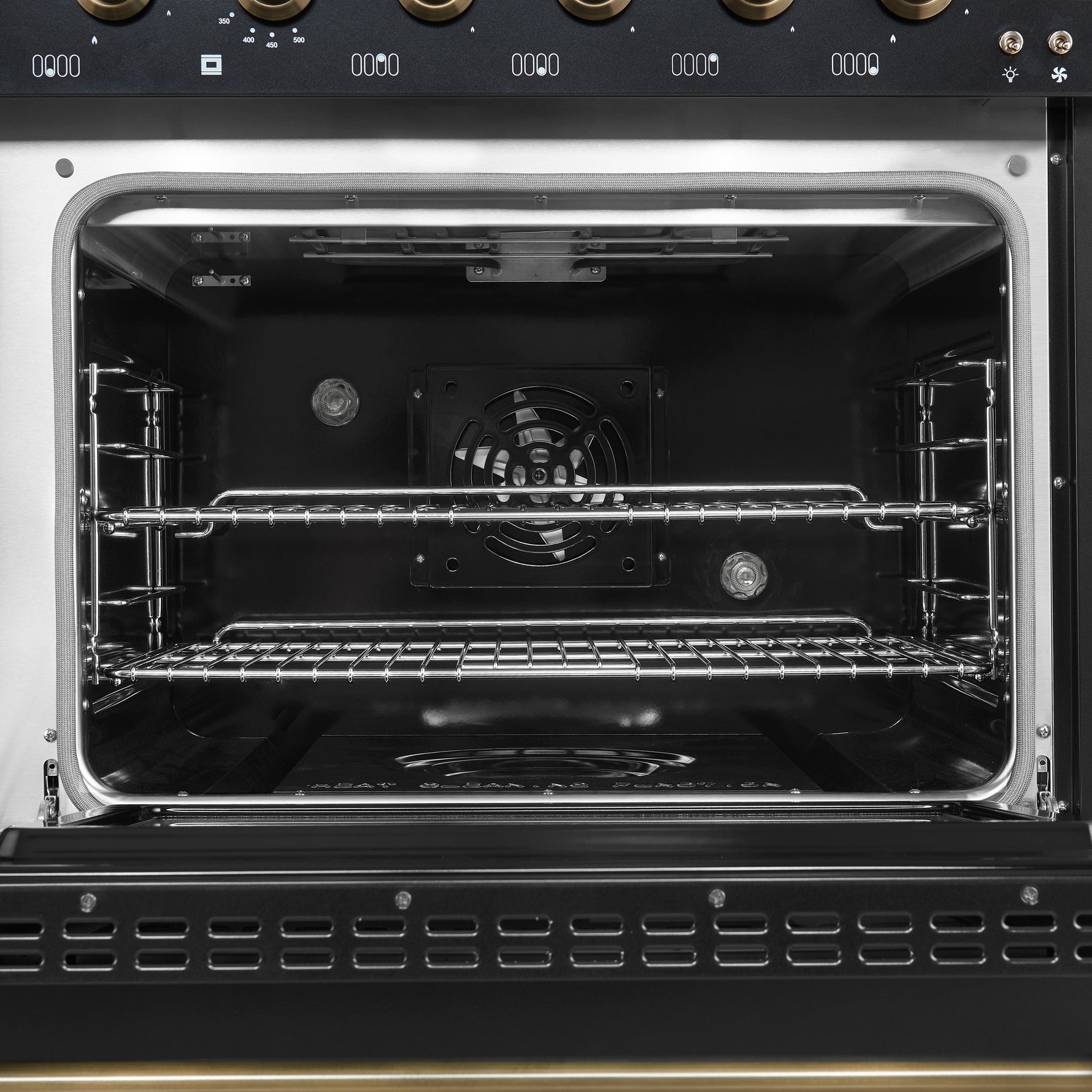 Forno Antico 48-Inch Dual Fuel Range, Black with Antique Brass Finish, 8 Burners, 94,000 BTU, 5.5 cu.ft. Double Ovens & Griddle - BonPrix Électroménagers