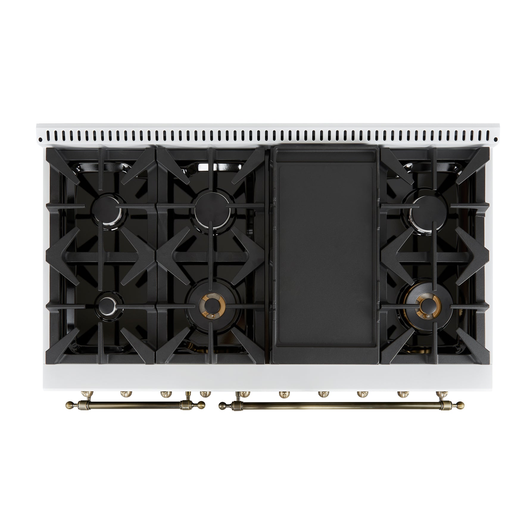 Forno Antico 48-Inch Dual Fuel Range, White with Antique Brass Finish, 8 Burners, 94,000 BTU, 5.5 cu.ft. Double Ovens & Griddle - BonPrix Électroménagers