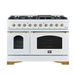 Forno Antico 48-Inch Dual Fuel Range, White with Antique Brass Finish, 8 Burners, 94,000 BTU, 5.5 cu.ft. Double Ovens & Griddle - BonPrix Électroménagers