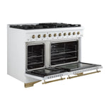 Forno Antico 48-Inch Dual Fuel Range, White with Antique Brass Finish, 8 Burners, 94,000 BTU, 5.5 cu.ft. Double Ovens & Griddle - BonPrix Électroménagers
