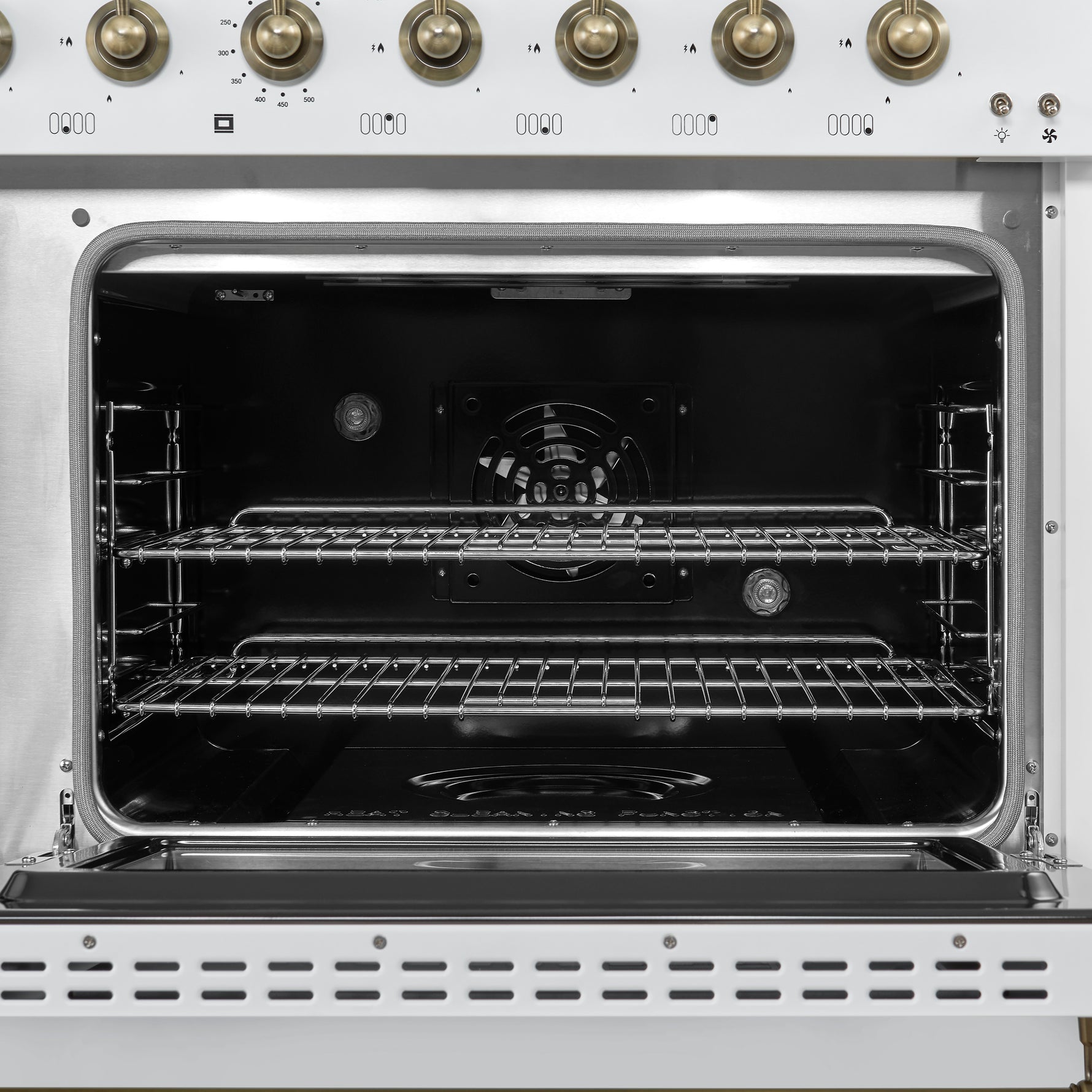Forno Antico 48-Inch Dual Fuel Range, White with Antique Brass Finish, 8 Burners, 94,000 BTU, 5.5 cu.ft. Double Ovens & Griddle - BonPrix Électroménagers