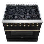 Forno Galiano 36-inch Dual Fuel Range in Black & Antique Brass Design, 6 Sealed Burners 83,000 BTU, 5.36 cu.ft. True Convection Oven - BonPrix Électroménagers