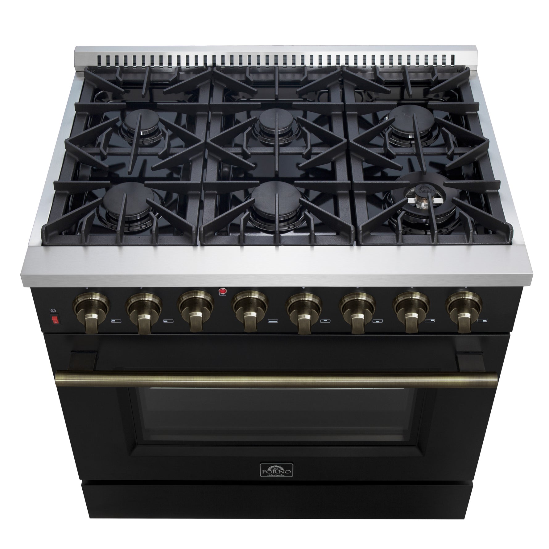 Forno Galiano 36-inch Dual Fuel Range in Black & Antique Brass Design, 6 Sealed Burners 83,000 BTU, 5.36 cu.ft. True Convection Oven - BonPrix Électroménagers