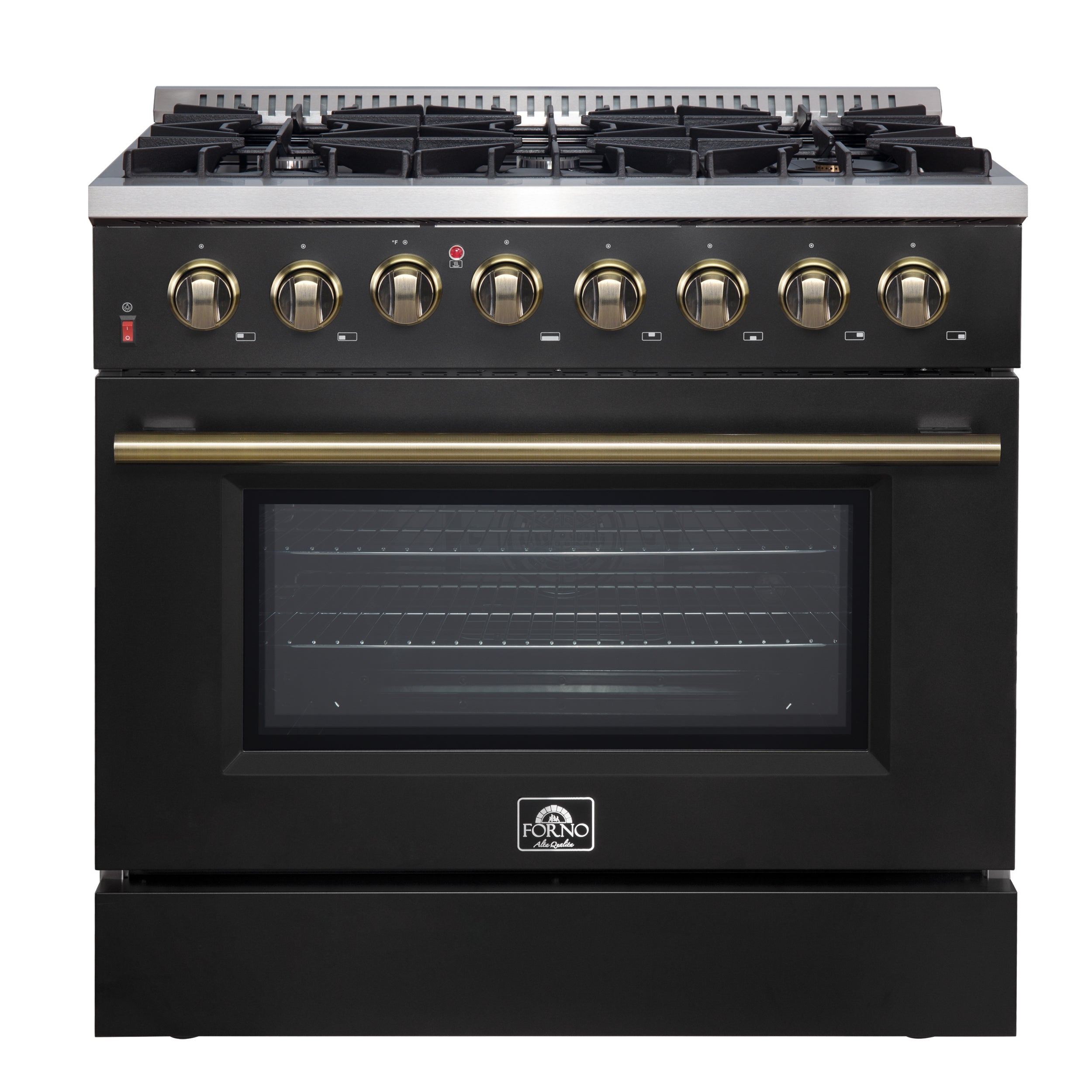 Forno Galiano 36-inch Dual Fuel Range in Black & Antique Brass Design, 6 Sealed Burners 83,000 BTU, 5.36 cu.ft. True Convection Oven - BonPrix Électroménagers