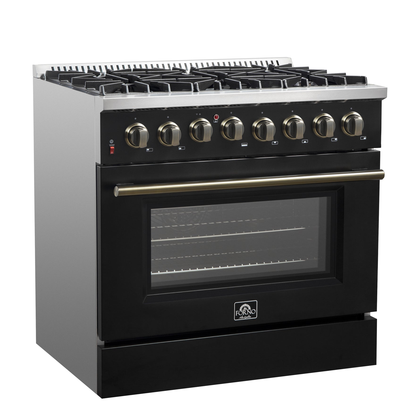 Forno Galiano 36-inch Dual Fuel Range in Black & Antique Brass Design, 6 Sealed Burners 83,000 BTU, 5.36 cu.ft. True Convection Oven - BonPrix Électroménagers
