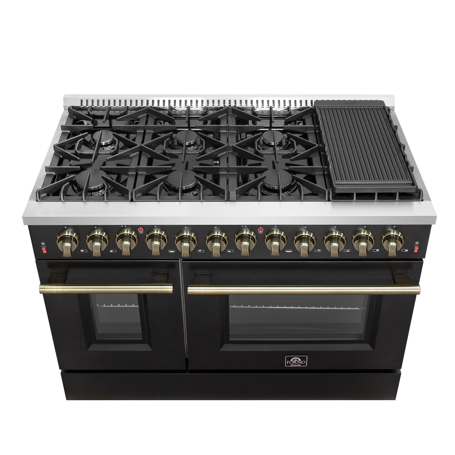 Galiano 48-inch Dual Fuel Range Black & Antique Brass Design with 8 Sealed Burners 107,000 BTU, 6.58 cu. ft. double ovens & Griddle - BonPrix Électroménagers
