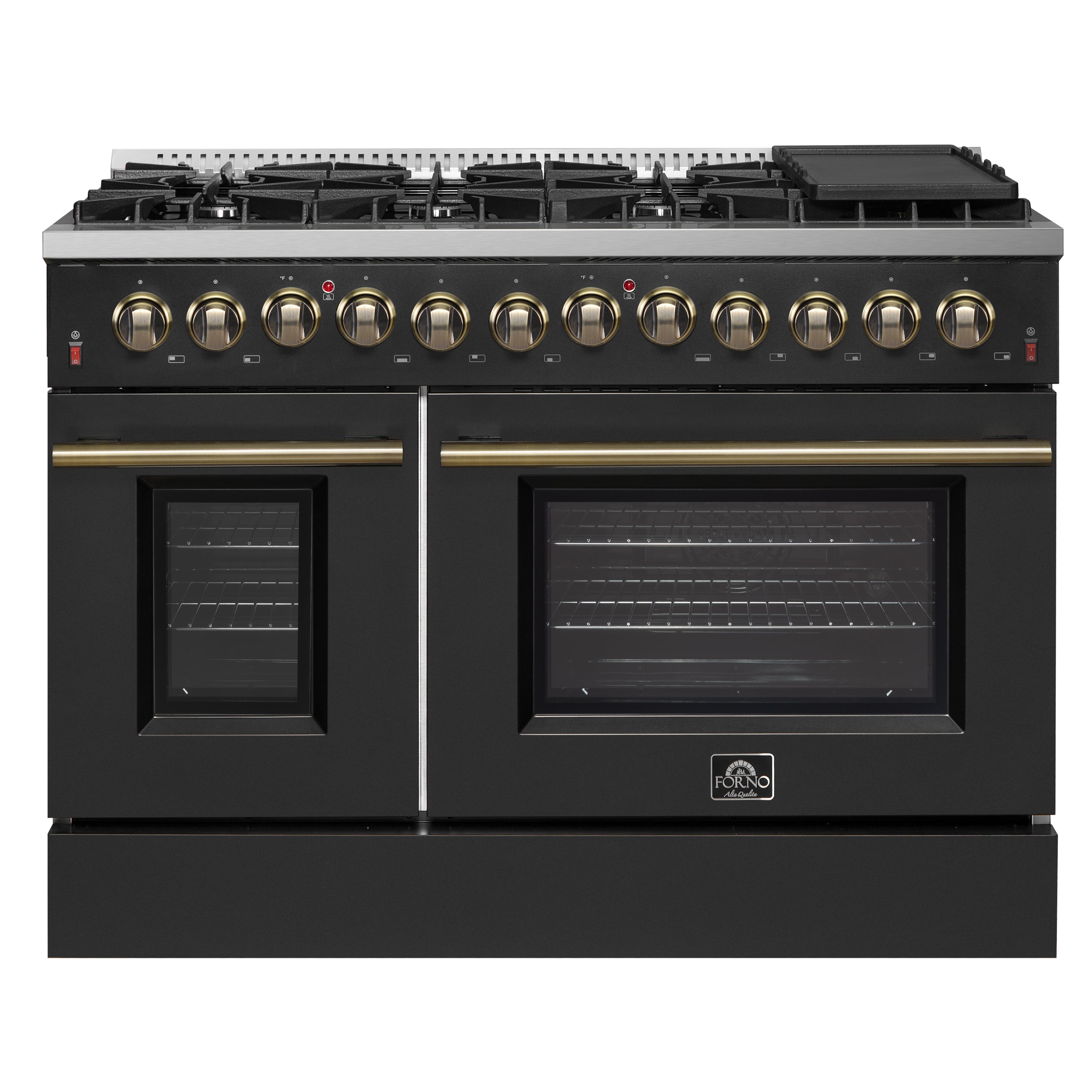 Galiano 48-inch Dual Fuel Range Black & Antique Brass Design with 8 Sealed Burners 107,000 BTU, 6.58 cu. ft. double ovens & Griddle - BonPrix Électroménagers