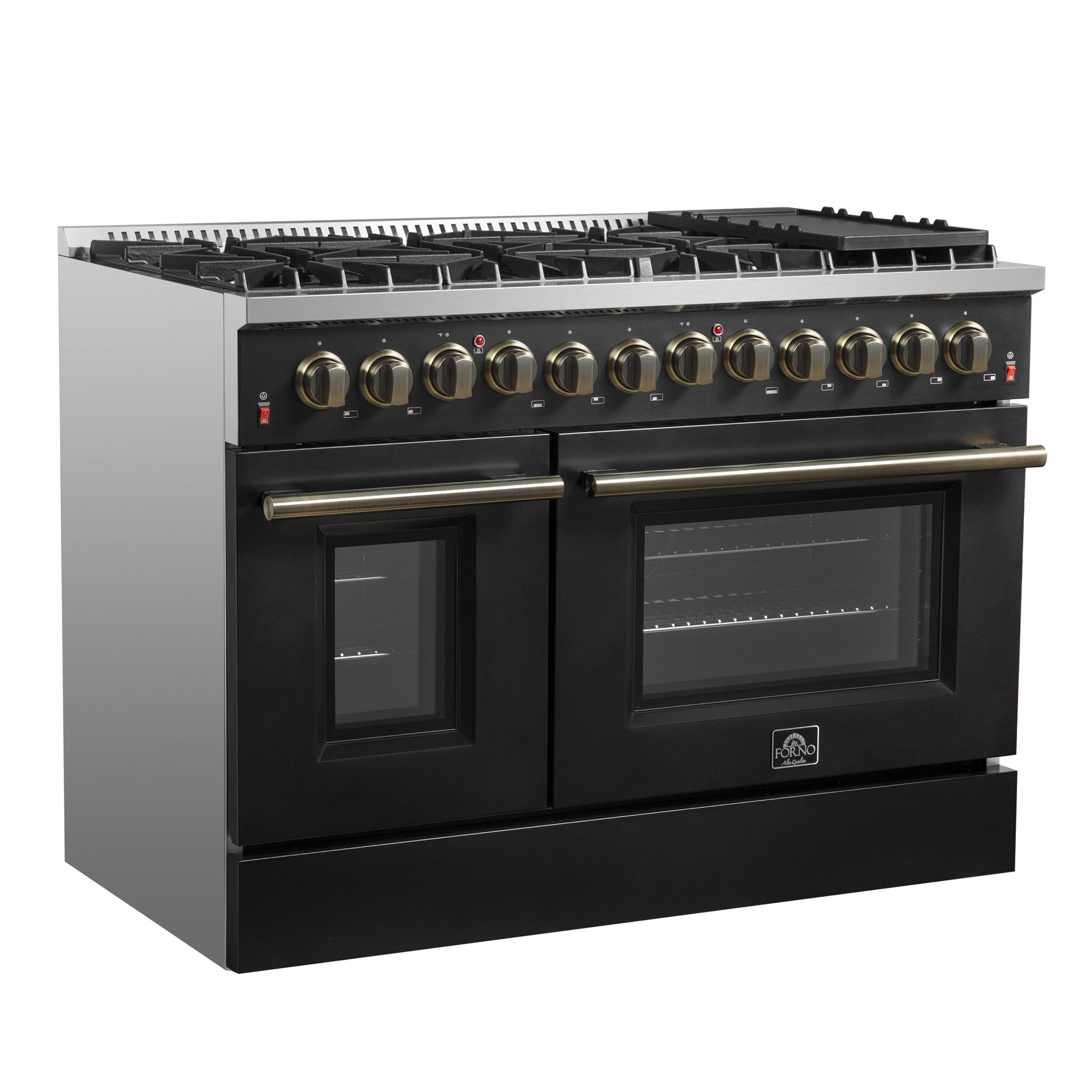 Galiano 48-inch Dual Fuel Range Black & Antique Brass Design with 8 Sealed Burners 107,000 BTU, 6.58 cu. ft. double ovens & Griddle - BonPrix Électroménagers