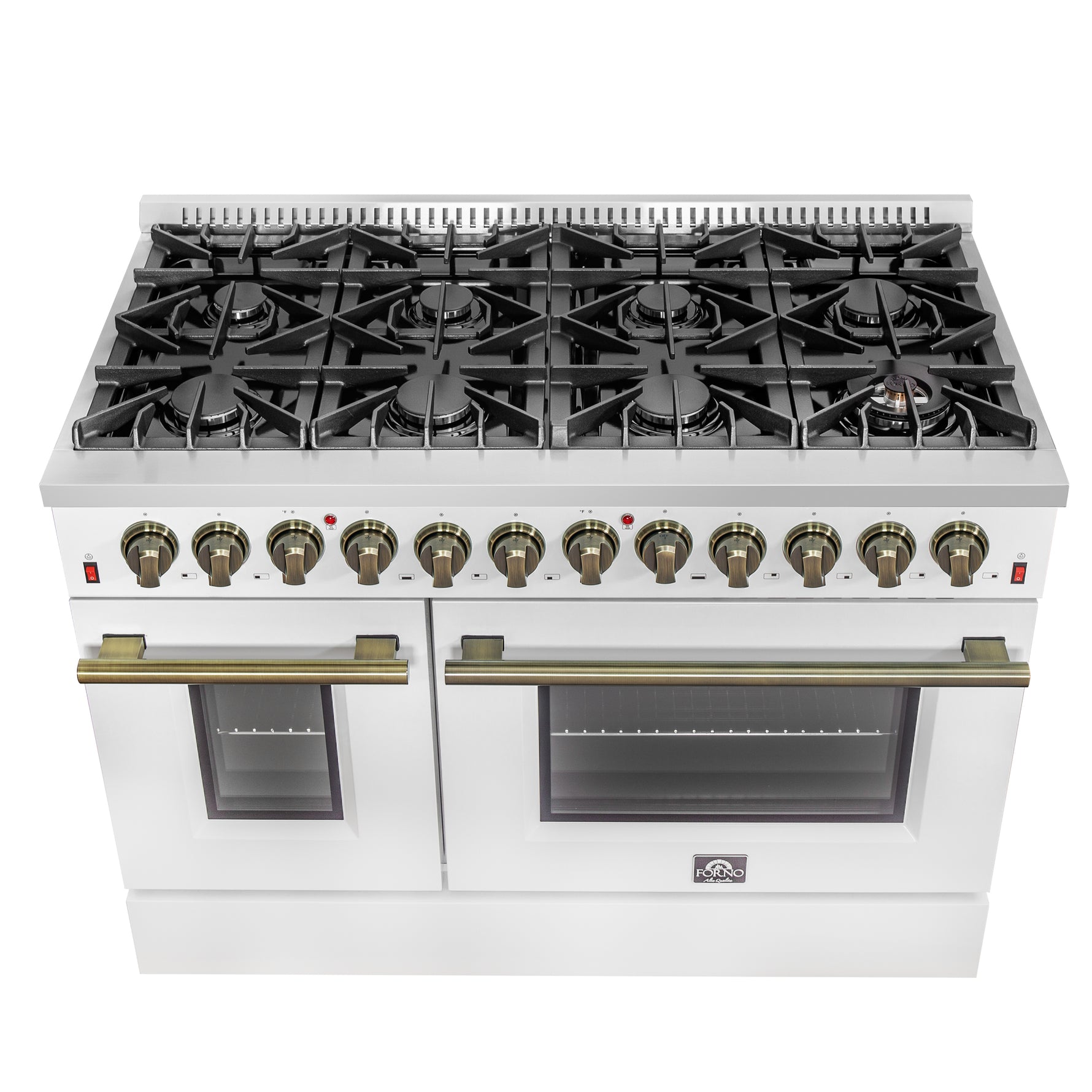 Galiano 48-inch Dual Fuel Range White & Antique Brass Design with 8 Sealed Burners 107,000 BTU, 6.58 cu. ft. double ovens & Griddle - BonPrix Électroménagers