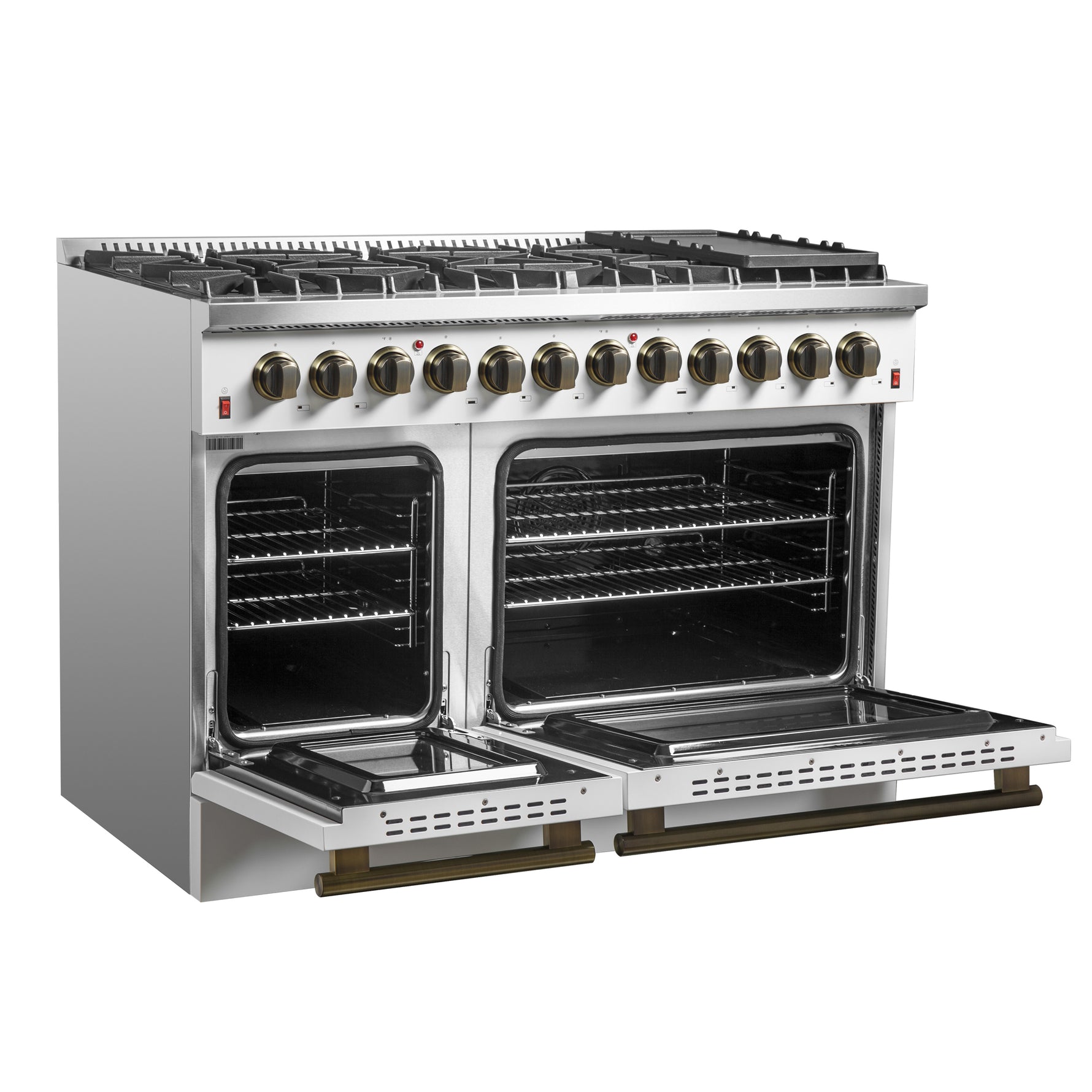 Galiano 48-inch Dual Fuel Range White & Antique Brass Design with 8 Sealed Burners 107,000 BTU, 6.58 cu. ft. double ovens & Griddle - BonPrix Électroménagers