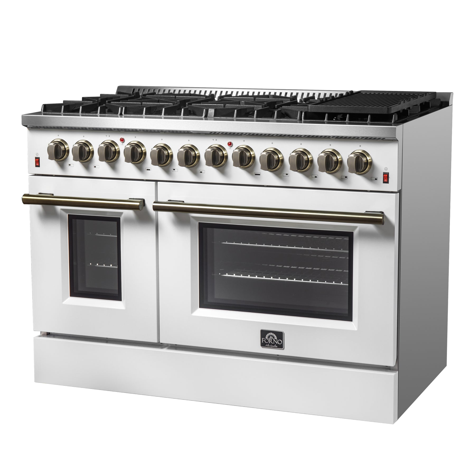 Galiano 48-inch Dual Fuel Range White & Antique Brass Design with 8 Sealed Burners 107,000 BTU, 6.58 cu. ft. double ovens & Griddle - BonPrix Électroménagers