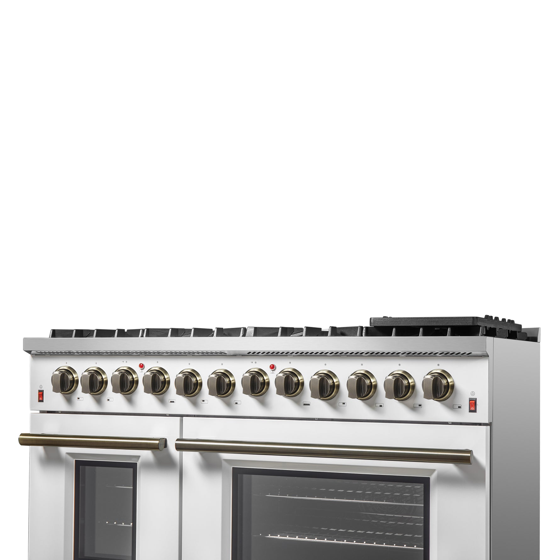 Galiano 48-inch Dual Fuel Range White & Antique Brass Design with 8 Sealed Burners 107,000 BTU, 6.58 cu. ft. double ovens & Griddle - BonPrix Électroménagers