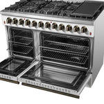Galiano 48-inch Dual Fuel Range White & Antique Brass Design with 8 Sealed Burners 107,000 BTU, 6.58 cu. ft. double ovens & Griddle - BonPrix Électroménagers