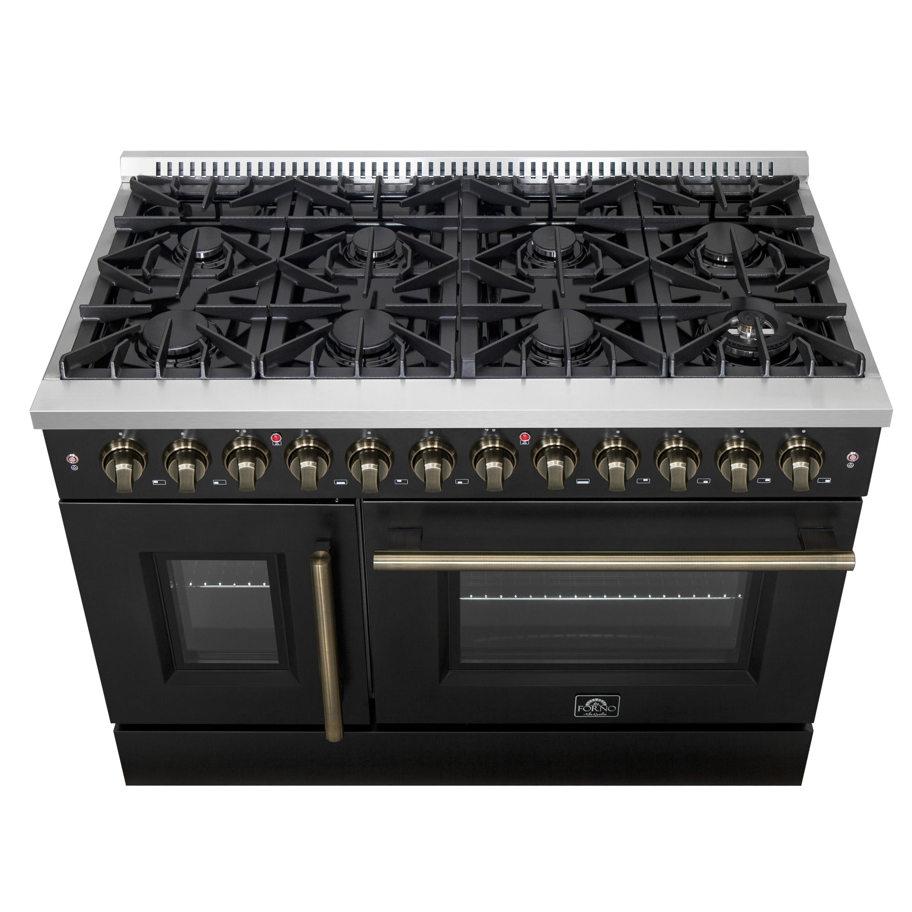 Forno Galiano 48-inch French Door Dual Fuel Range, Black & Antique Brass Design, 8 Sealed Burners - 107,000 BTU, Griddle, 6.58 cu.ft. Double Ovens - BonPrix Électroménagers