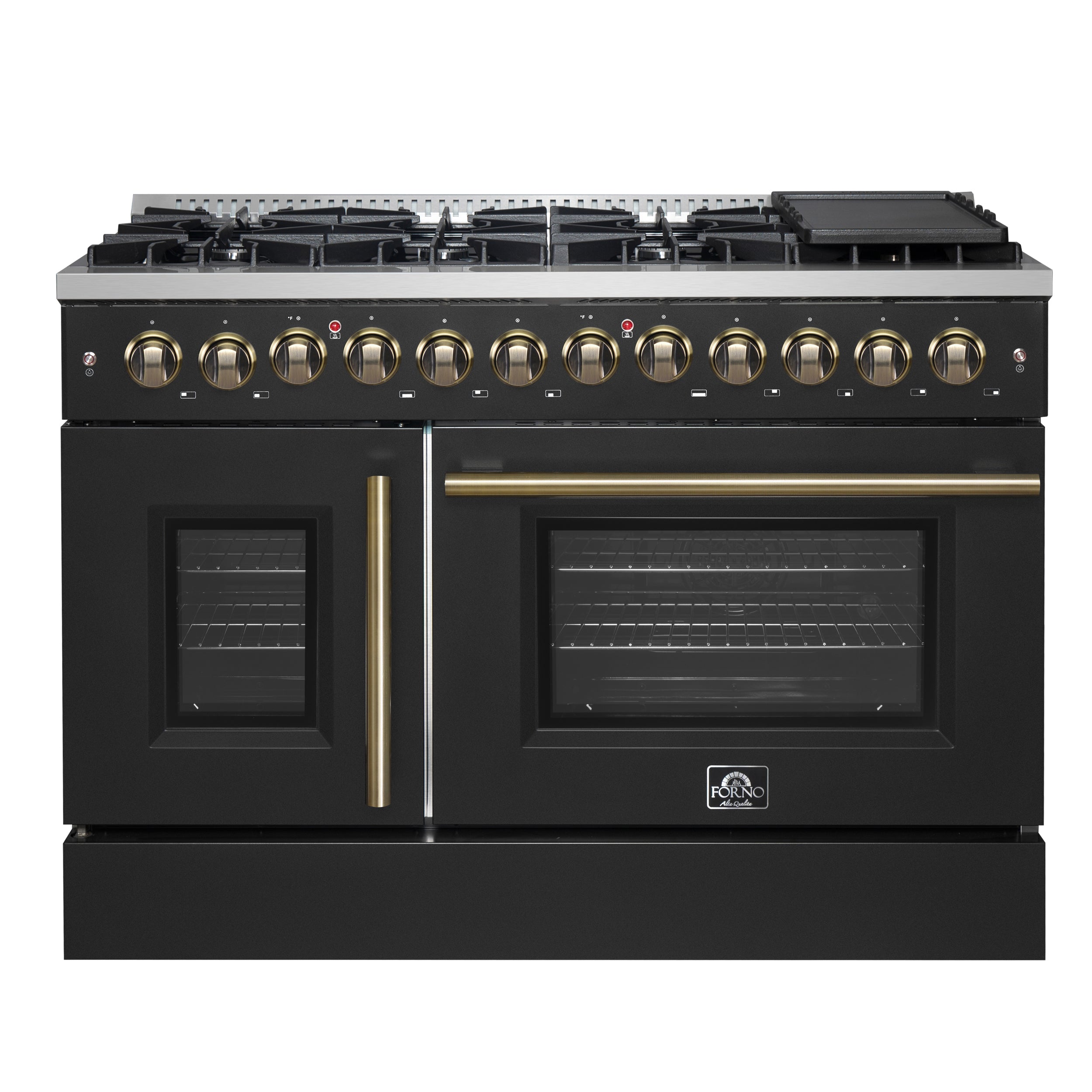 Forno Galiano 48-inch French Door Dual Fuel Range, Black & Antique Brass Design, 8 Sealed Burners - 107,000 BTU, Griddle, 6.58 cu.ft. Double Ovens - BonPrix Électroménagers