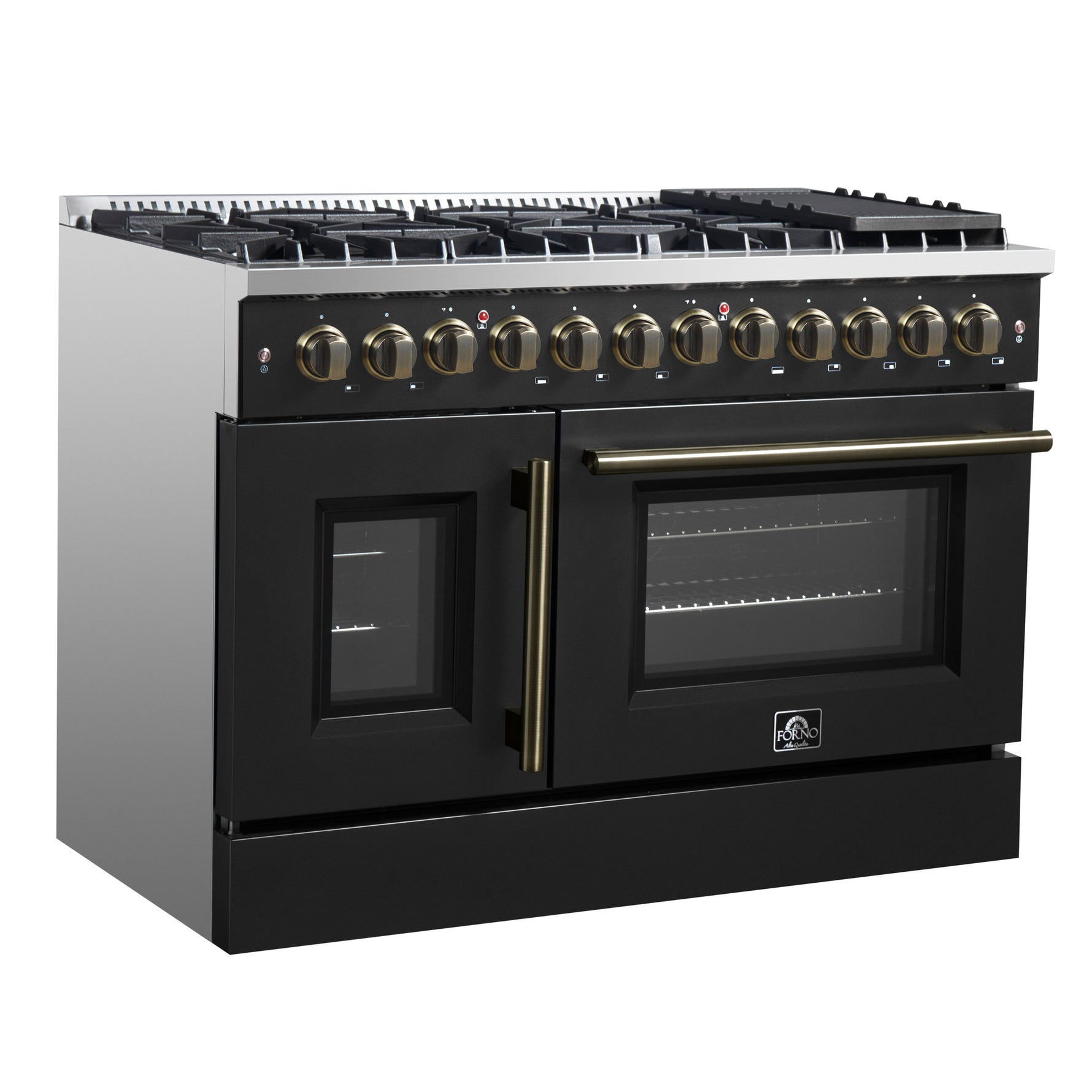 Forno Galiano 48-inch French Door Dual Fuel Range, Black & Antique Brass Design, 8 Sealed Burners - 107,000 BTU, Griddle, 6.58 cu.ft. Double Ovens - BonPrix Électroménagers