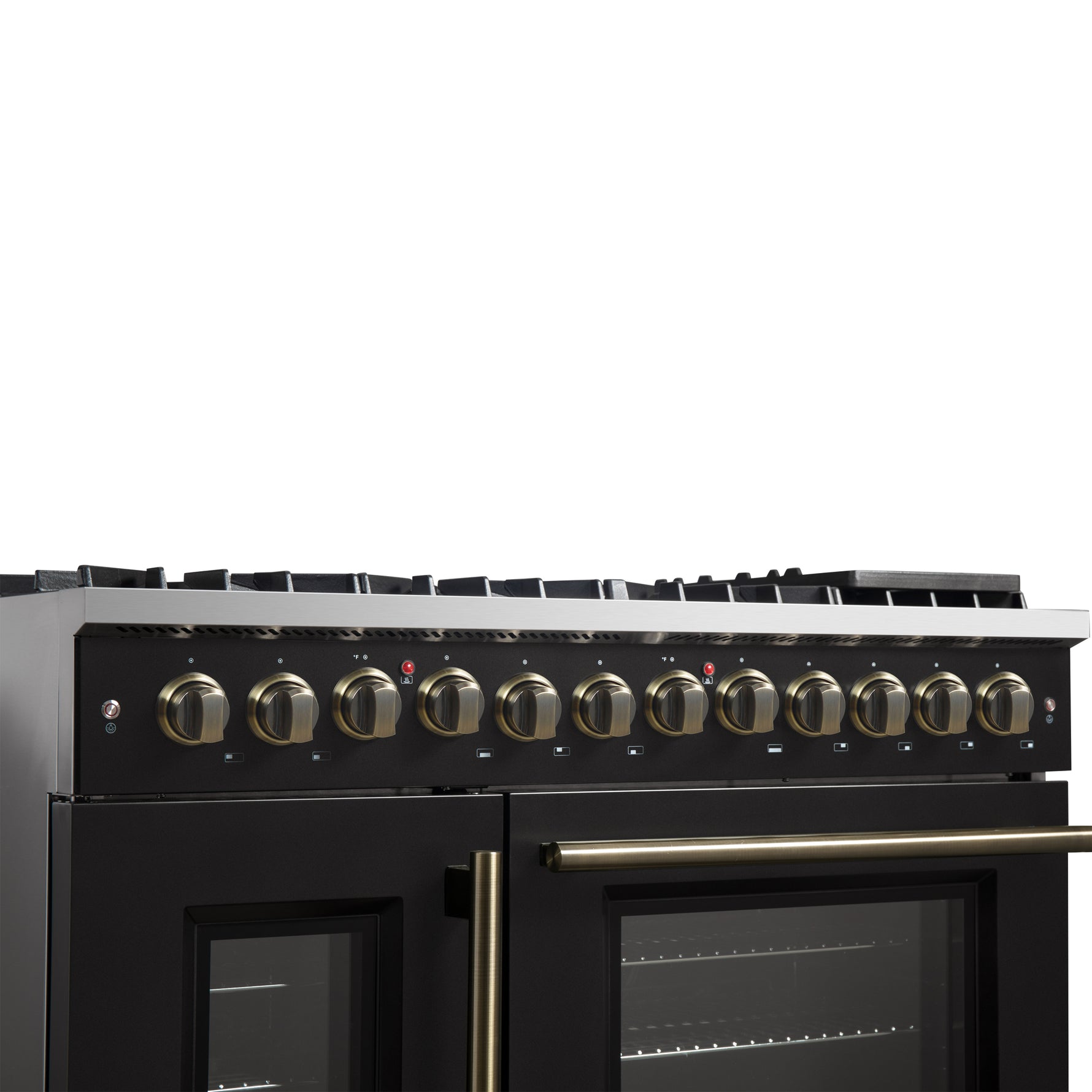 Forno Galiano 48-inch French Door Dual Fuel Range, Black & Antique Brass Design, 8 Sealed Burners - 107,000 BTU, Griddle, 6.58 cu.ft. Double Ovens - BonPrix Électroménagers