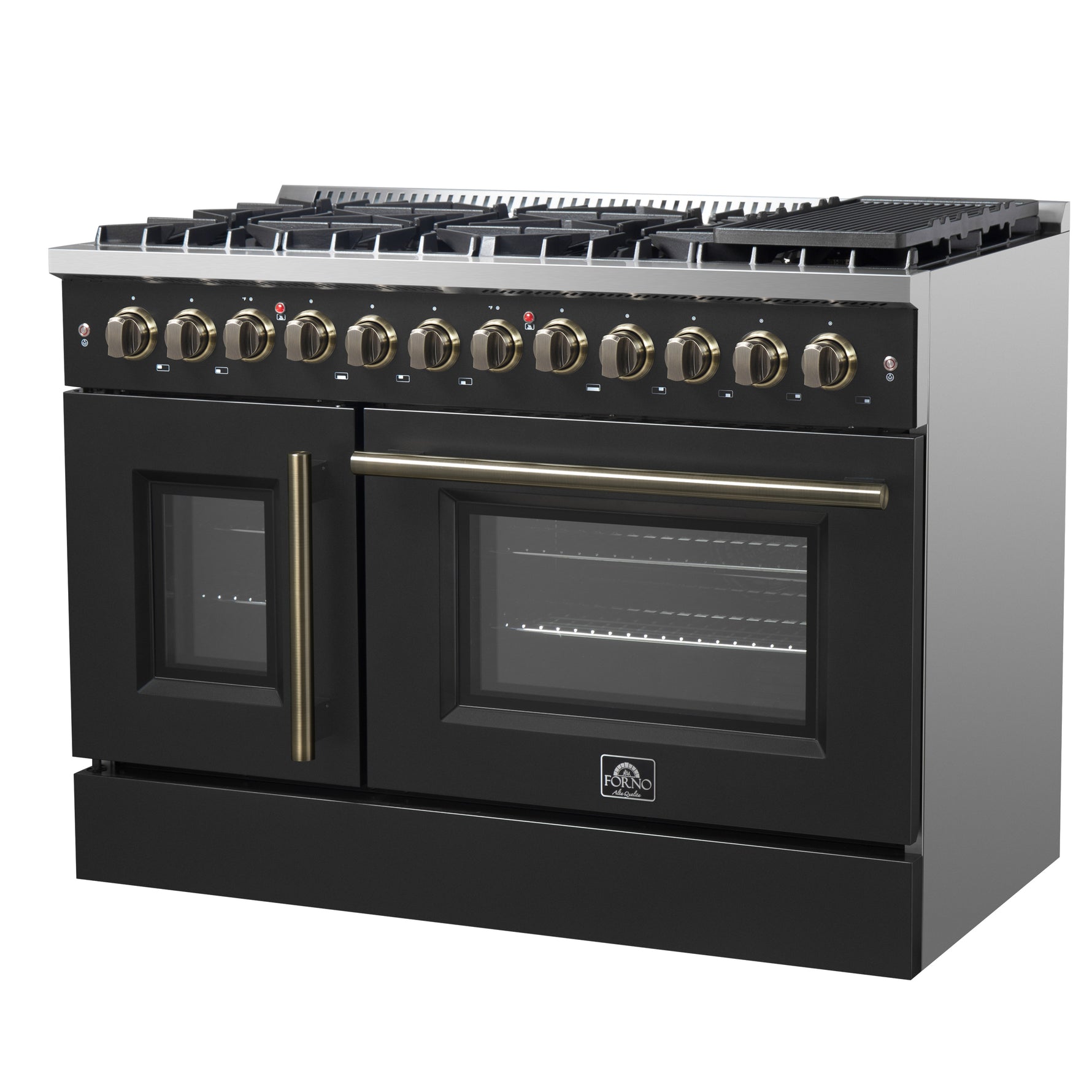 Forno Galiano 48-inch French Door Dual Fuel Range, Black & Antique Brass Design, 8 Sealed Burners - 107,000 BTU, Griddle, 6.58 cu.ft. Double Ovens - BonPrix Électroménagers