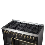 Forno Galiano 48-inch French Door Dual Fuel Range, Black & Antique Brass Design, 8 Sealed Burners - 107,000 BTU, Griddle, 6.58 cu.ft. Double Ovens - BonPrix Électroménagers