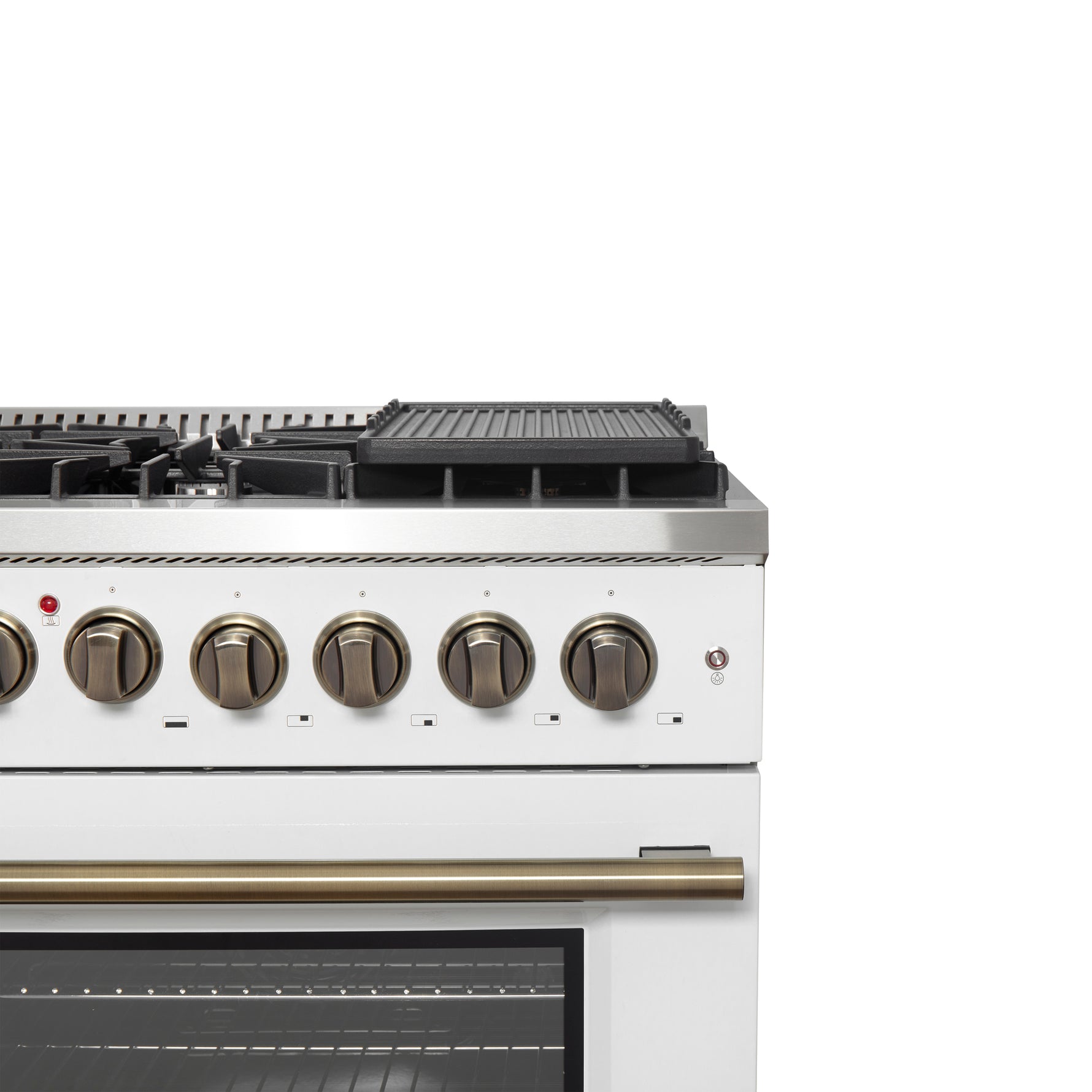 Forno Galiano 48-inch French Door Dual Fuel Range, White & Antique Brass Design, 8 Sealed Burners - 107,000 BTU, Griddle, 6.58 cu.ft. Double Ovens - BonPrix Électroménagers