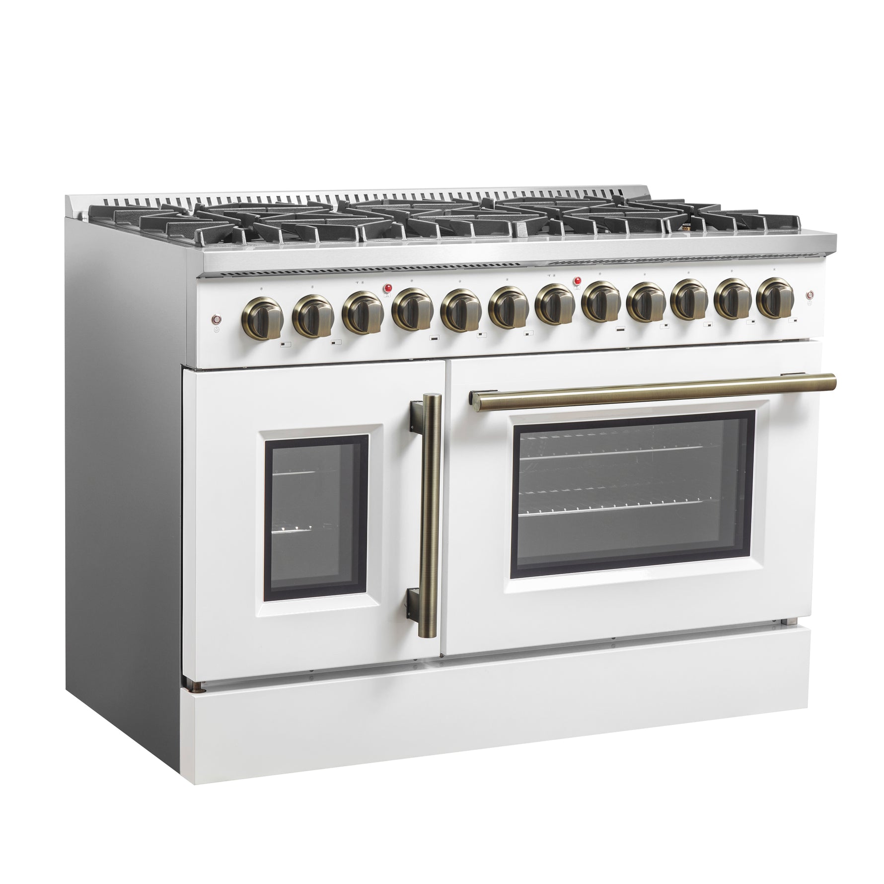 Forno Galiano 48-inch French Door Dual Fuel Range, White & Antique Brass Design, 8 Sealed Burners - 107,000 BTU, Griddle, 6.58 cu.ft. Double Ovens - BonPrix Électroménagers