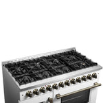 Forno Galiano 48-inch French Door Dual Fuel Range, White & Antique Brass Design, 8 Sealed Burners - 107,000 BTU, Griddle, 6.58 cu.ft. Double Ovens - BonPrix Électroménagers