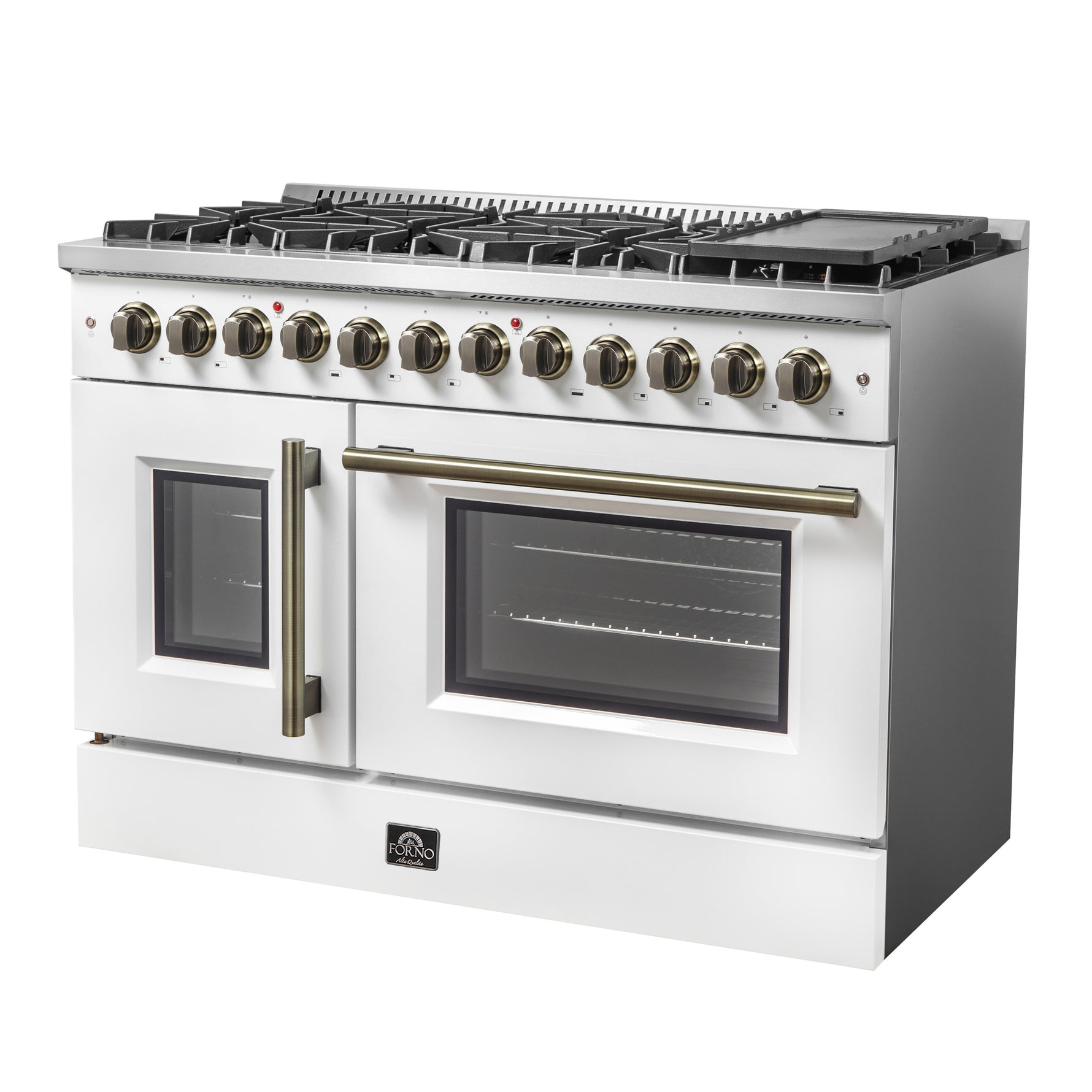 Forno Galiano 48-inch French Door Dual Fuel Range, White & Antique Brass Design, 8 Sealed Burners - 107,000 BTU, Griddle, 6.58 cu.ft. Double Ovens - BonPrix Électroménagers
