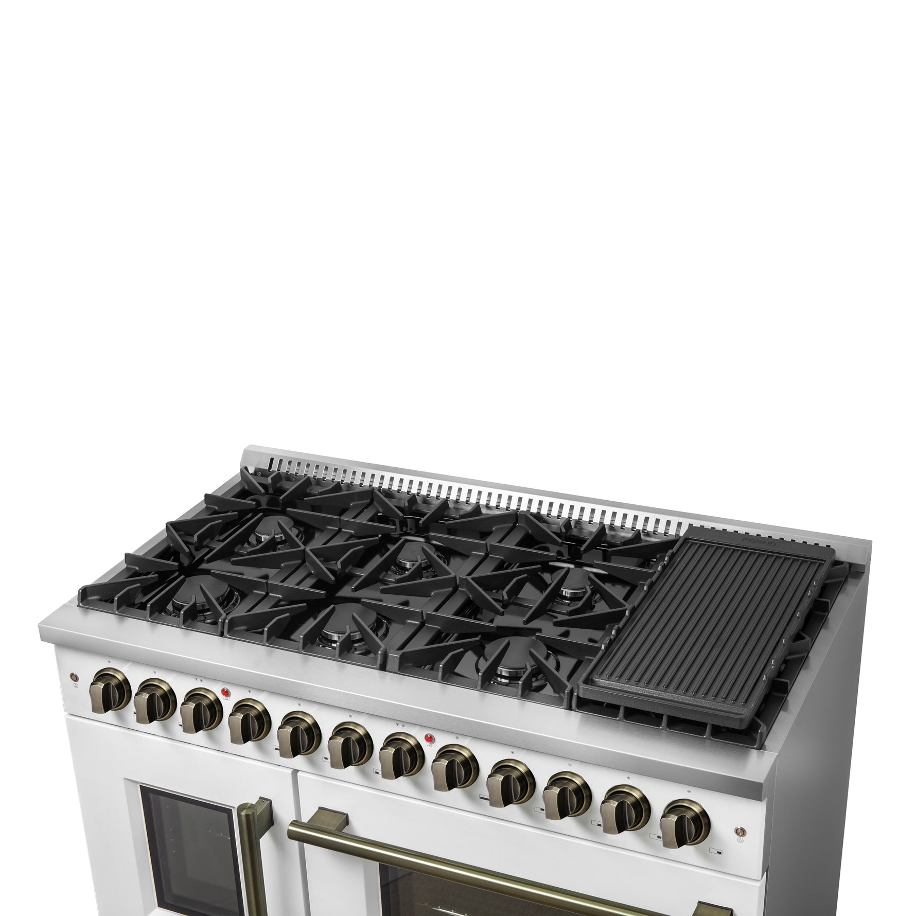 Forno Galiano 48-inch French Door Dual Fuel Range, White & Antique Brass Design, 8 Sealed Burners - 107,000 BTU, Griddle, 6.58 cu.ft. Double Ovens - BonPrix Électroménagers