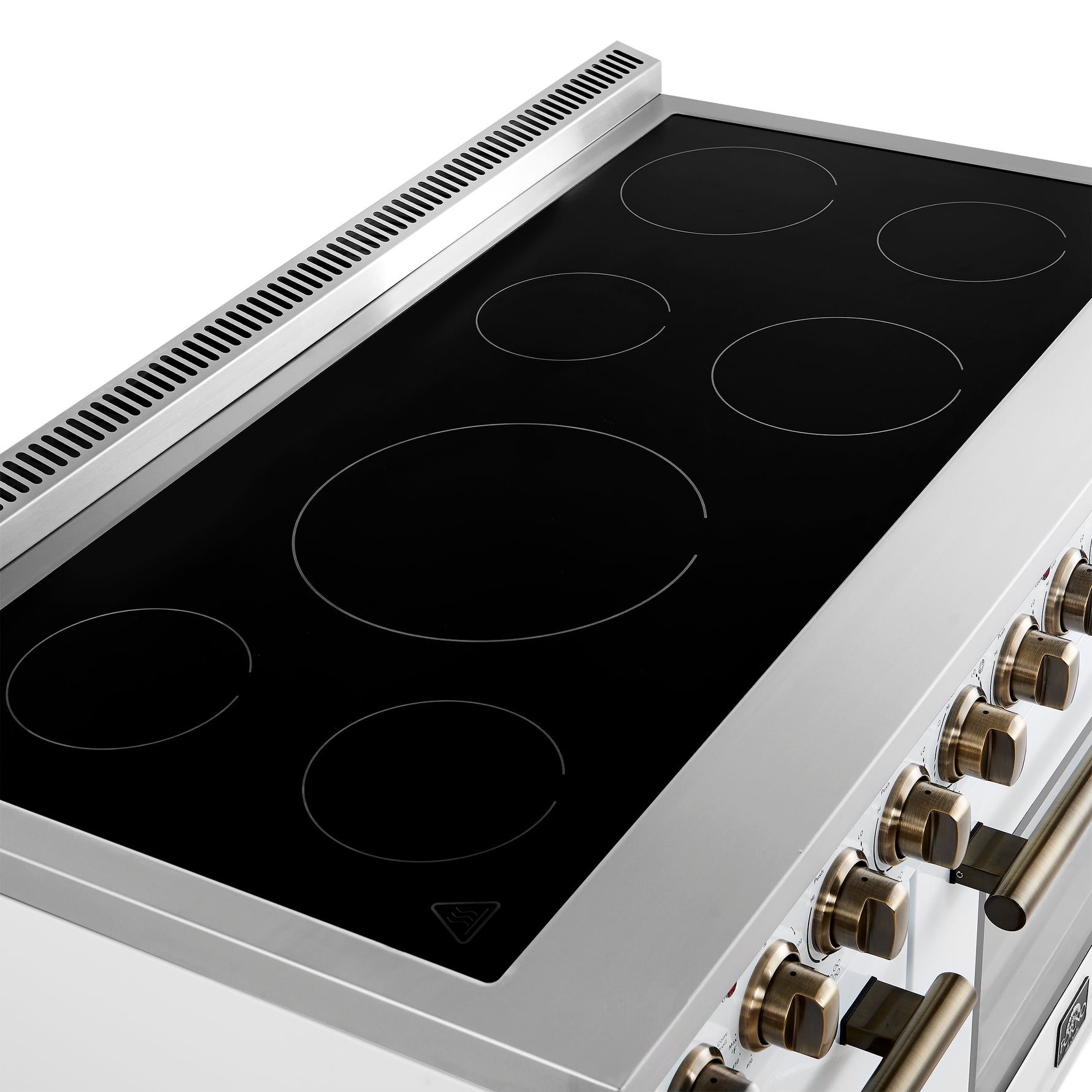 Forno Paolo 48 Inch Freestanding Electric Range in White with Antique Brass, 6.7 cu.ft, True Convection Oven, Energy Efficient - BonPrix Électroménagers