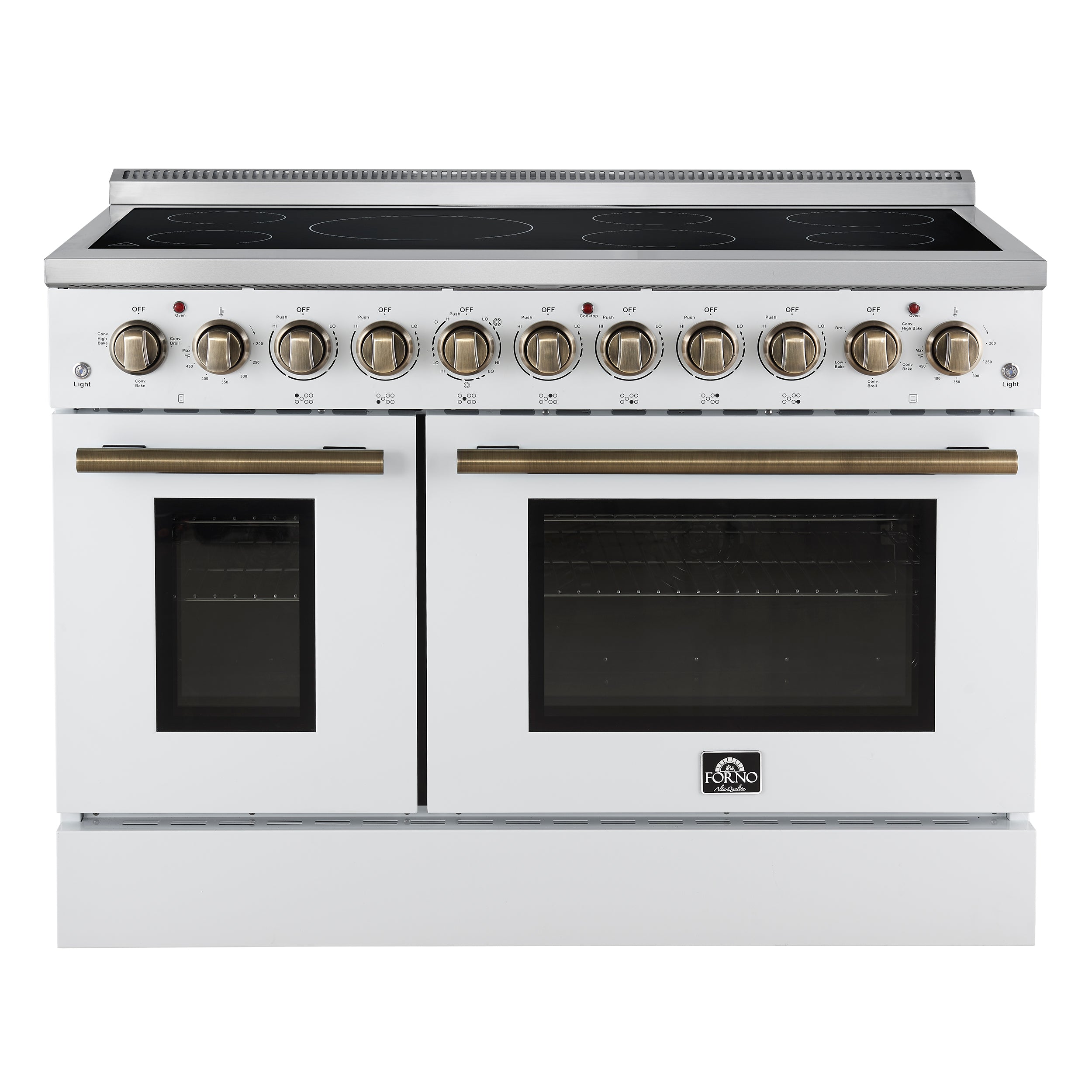 Forno Paolo 48 Inch Freestanding Electric Range in White with Antique Brass, 6.7 cu.ft, True Convection Oven, Energy Efficient - BonPrix Électroménagers