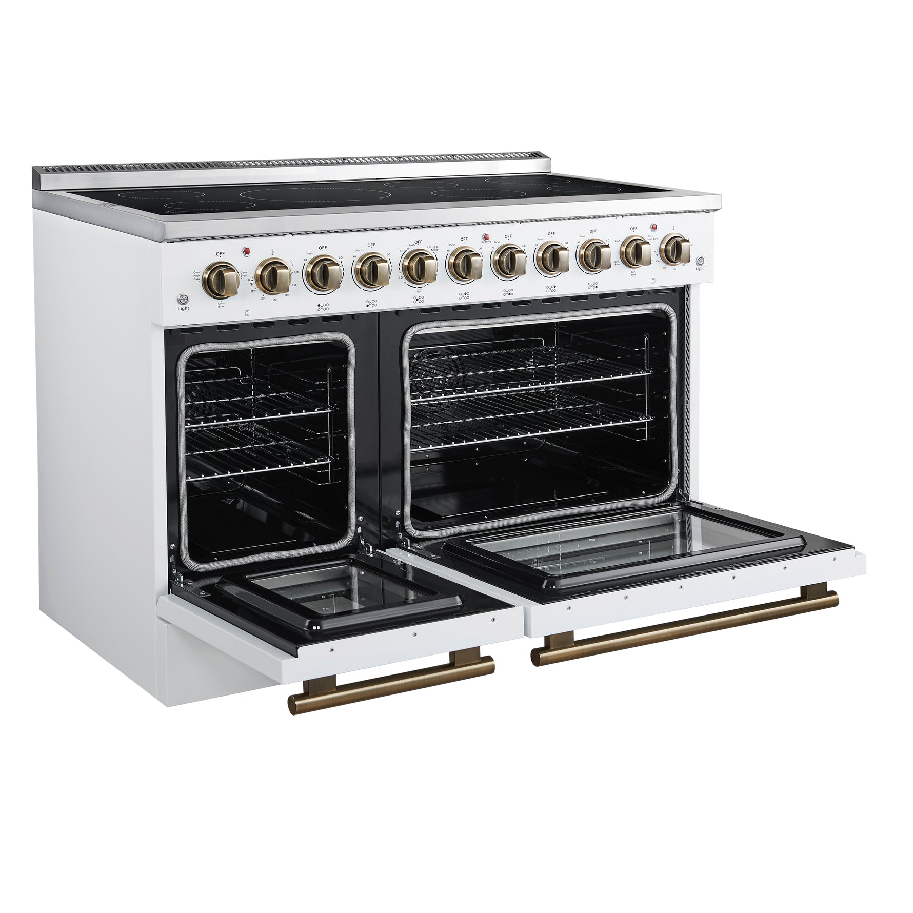 Forno Paolo 48 Inch Freestanding Electric Range in White with Antique Brass, 6.7 cu.ft, True Convection Oven, Energy Efficient - BonPrix Électroménagers