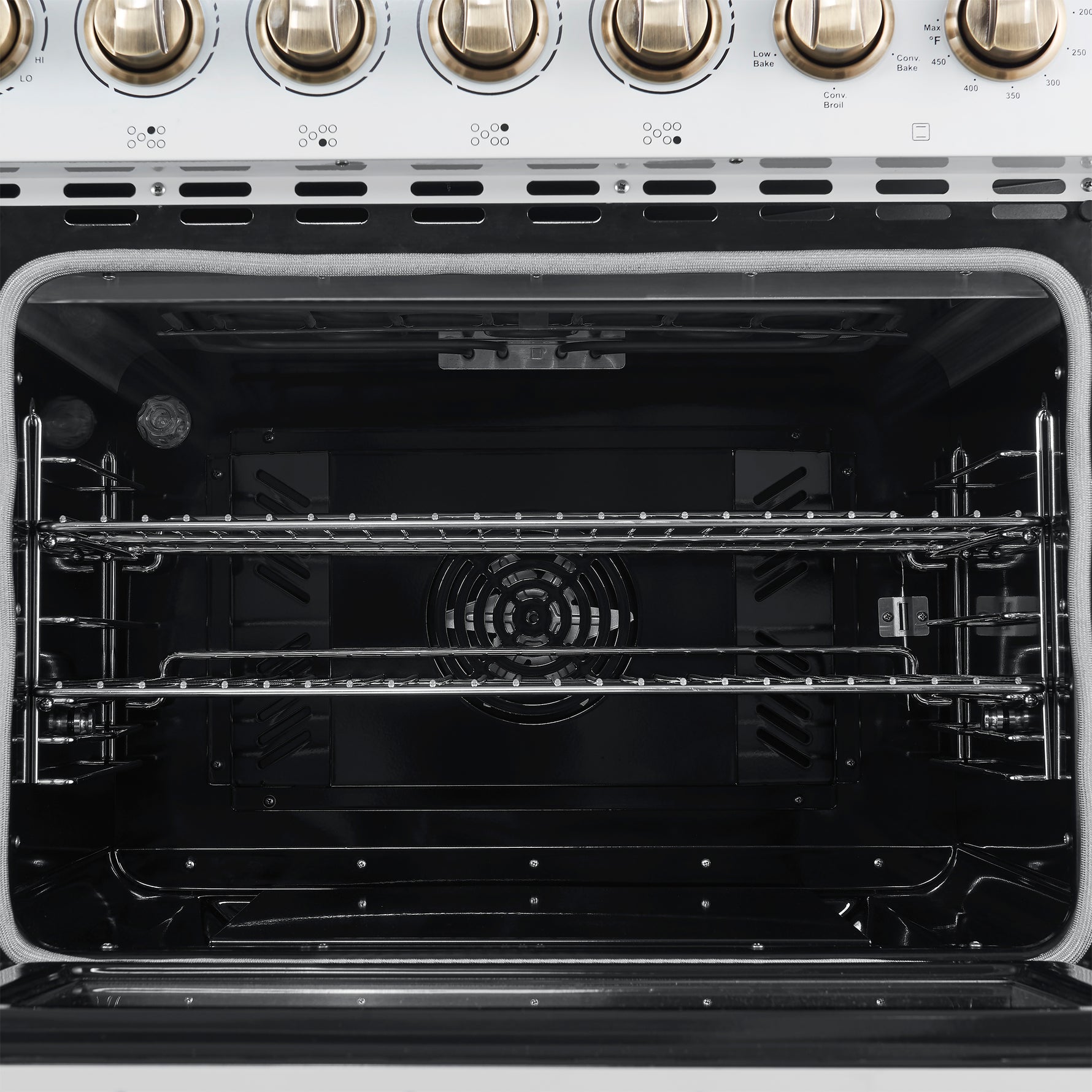 Forno Paolo 48 Inch Freestanding Electric Range in White with Antique Brass, 6.7 cu.ft, True Convection Oven, Energy Efficient - BonPrix Électroménagers