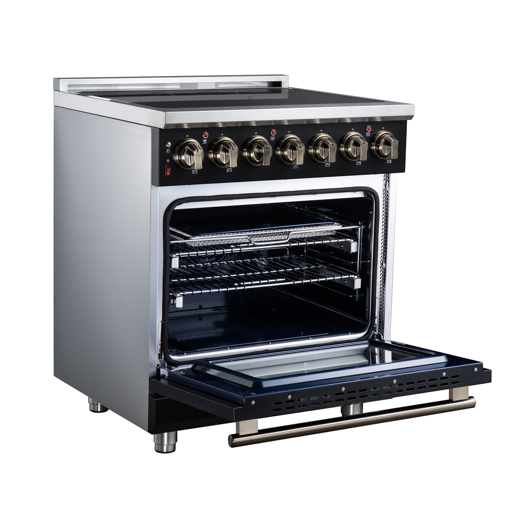 Massimo 30 Inch Freestanding Electric range, 5 radiant burners, 4.32 cf. True Convection oven, Air fryer kit, Black