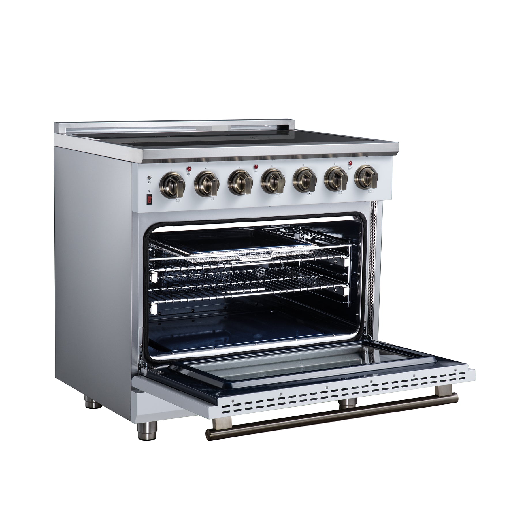 Massimo 36 Inch Freestanding Electric range, 5 radiant burners, 5.36 cf. True Convection oven, Air fryer kit, White