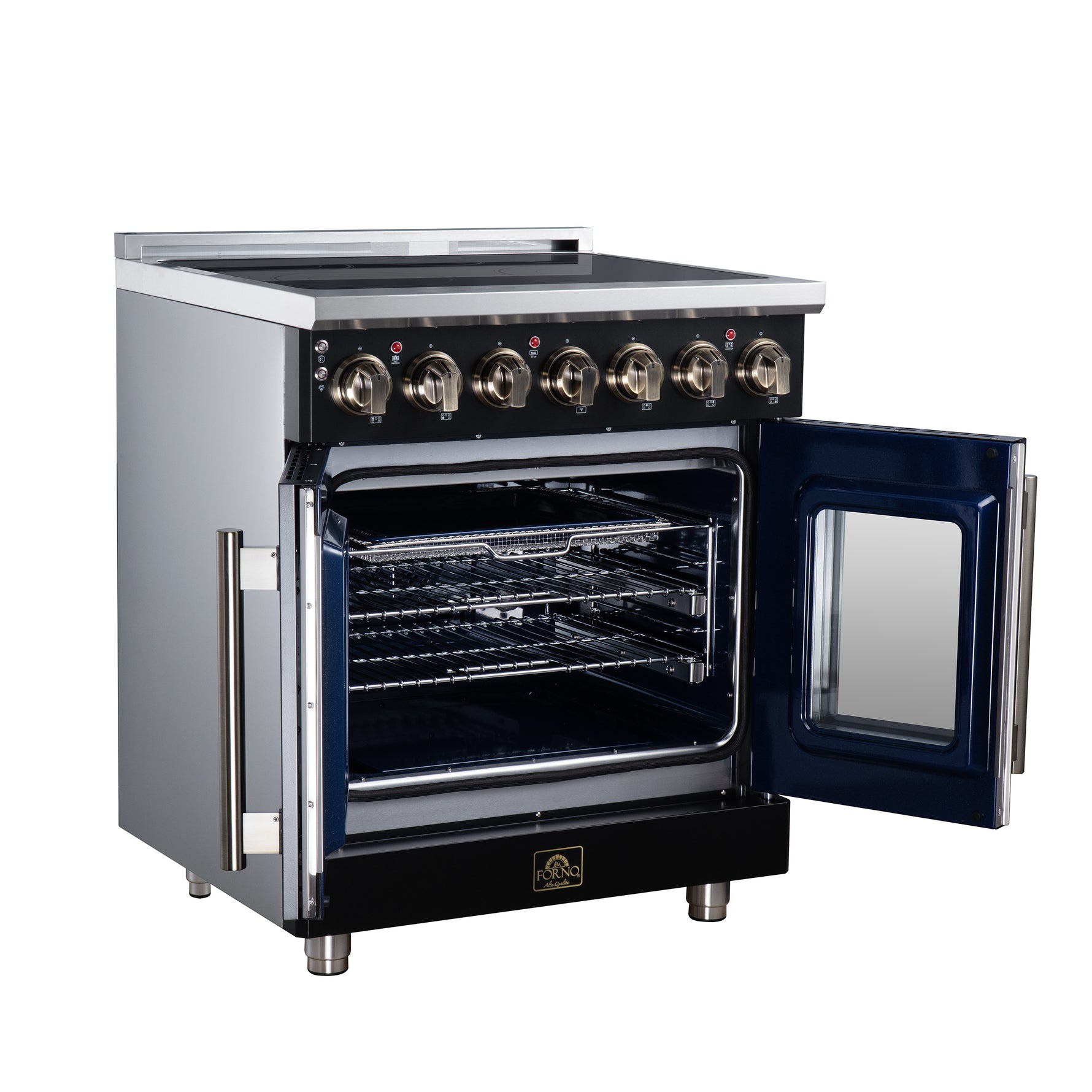 Massimo 30 Inch French Door Electric range, 5 radiant burners, 4.32 cf. True Convection oven, Air fryer kit, Black