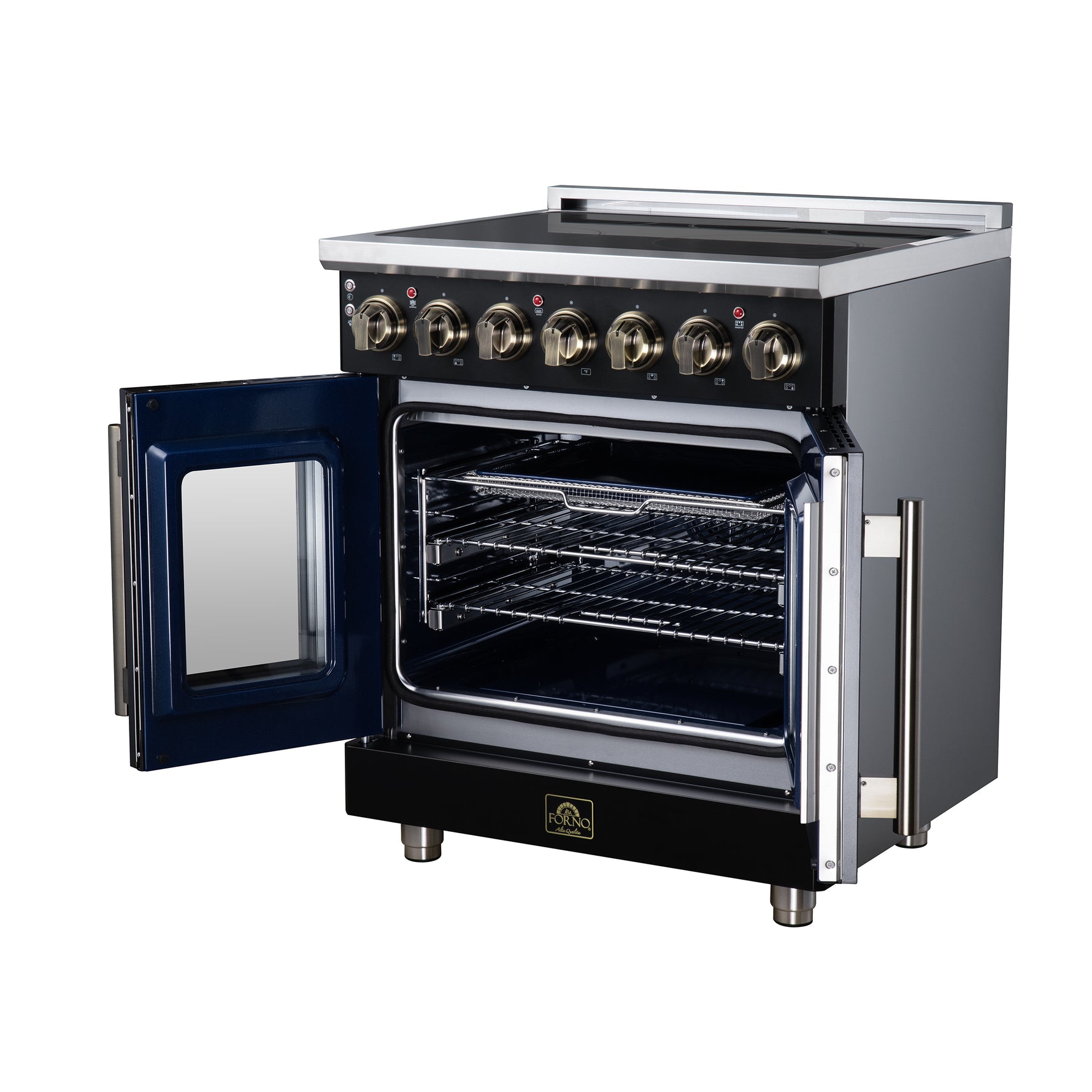 Massimo 30 Inch French Door Electric range, 5 radiant burners, 4.32 cf. True Convection oven, Air fryer kit, Black