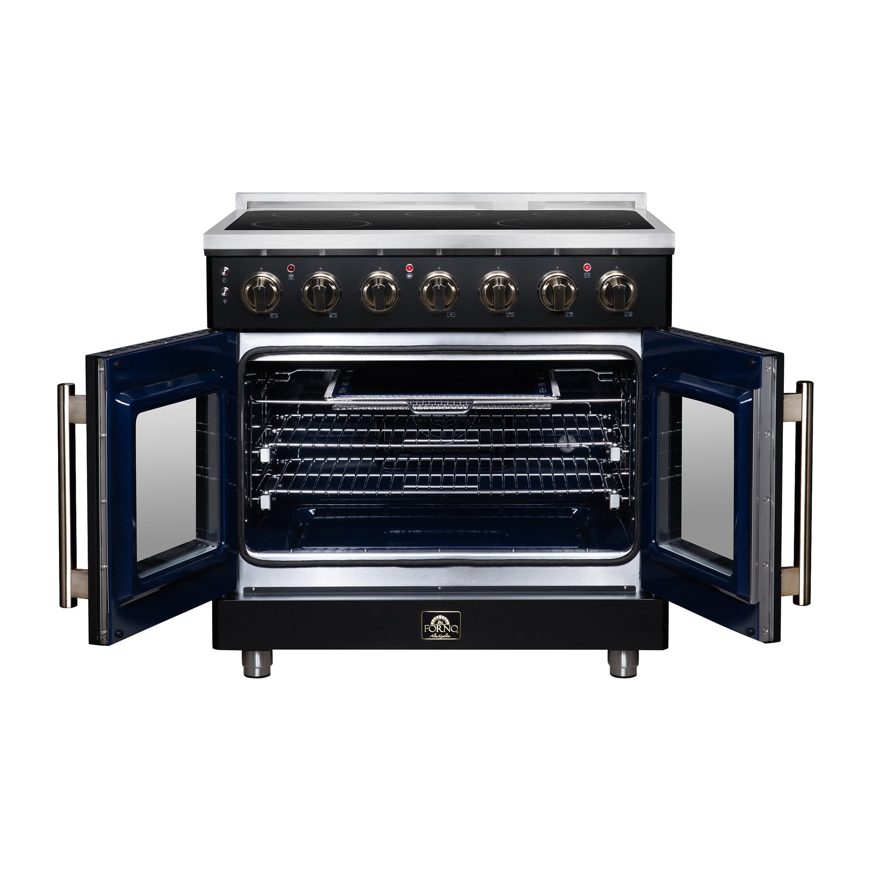 Massimo 36 Inch French Door Electric range, 5 radiant burners, 5.36 cf. True Convection oven, Air fryer kit, Black