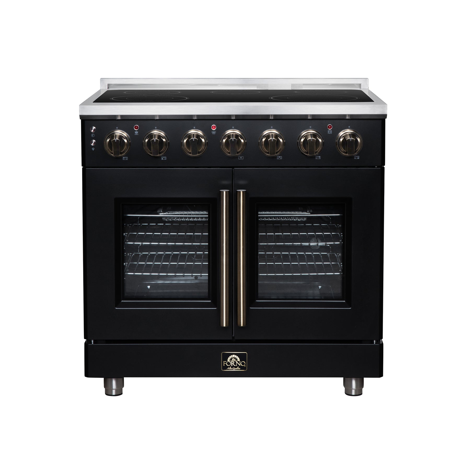 Massimo 36 Inch French Door Electric range, 5 radiant burners, 5.36 cf. True Convection oven, Air fryer kit, Black