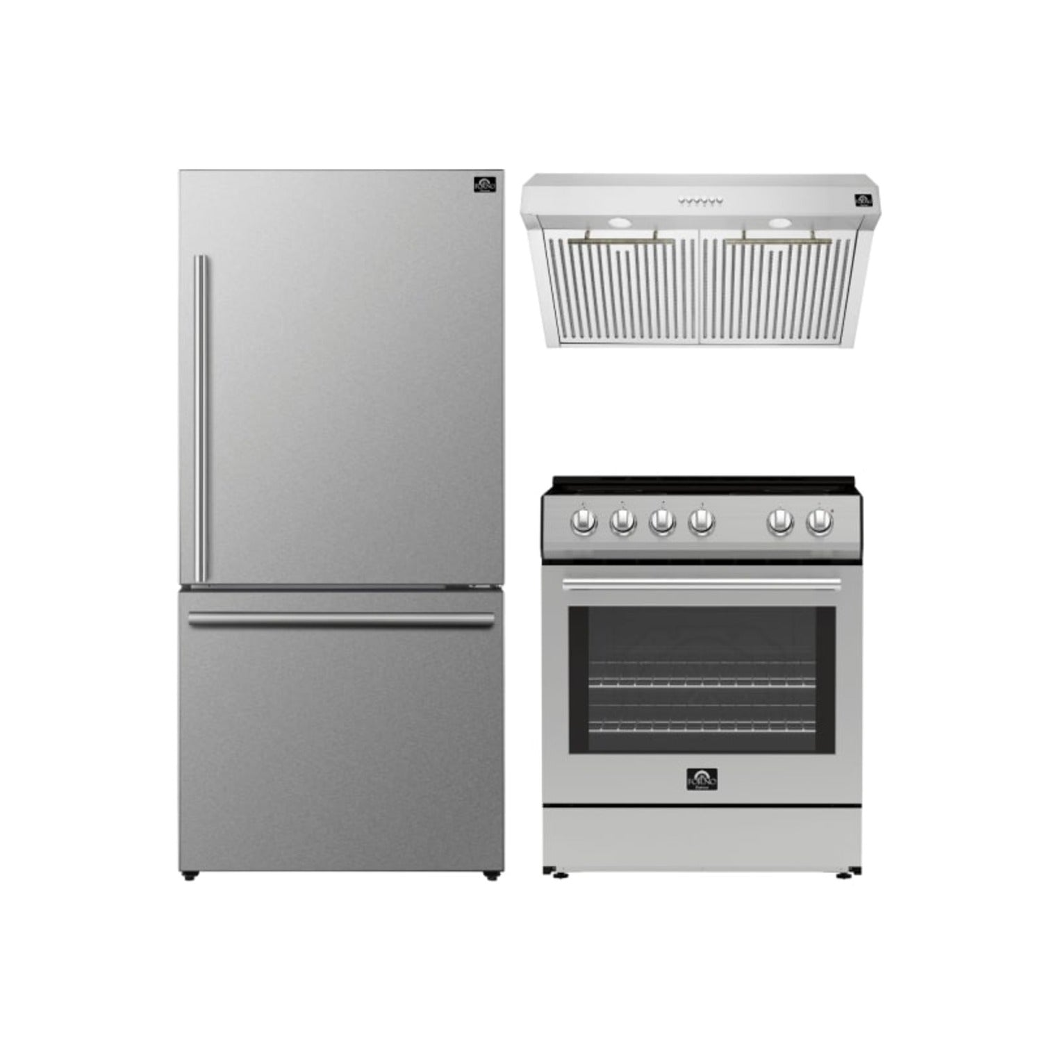 FORNO Premium 3-Piece Kitchen Bundle - Leonardo Espresso 30" Electric Range, 30" Under Cabinet Range Hood, 31" Bottom Freezer Refrigerator - Stainless Steel with Antique Brass Handles - FBDL-001-01CA - BonPrix Électroménagers